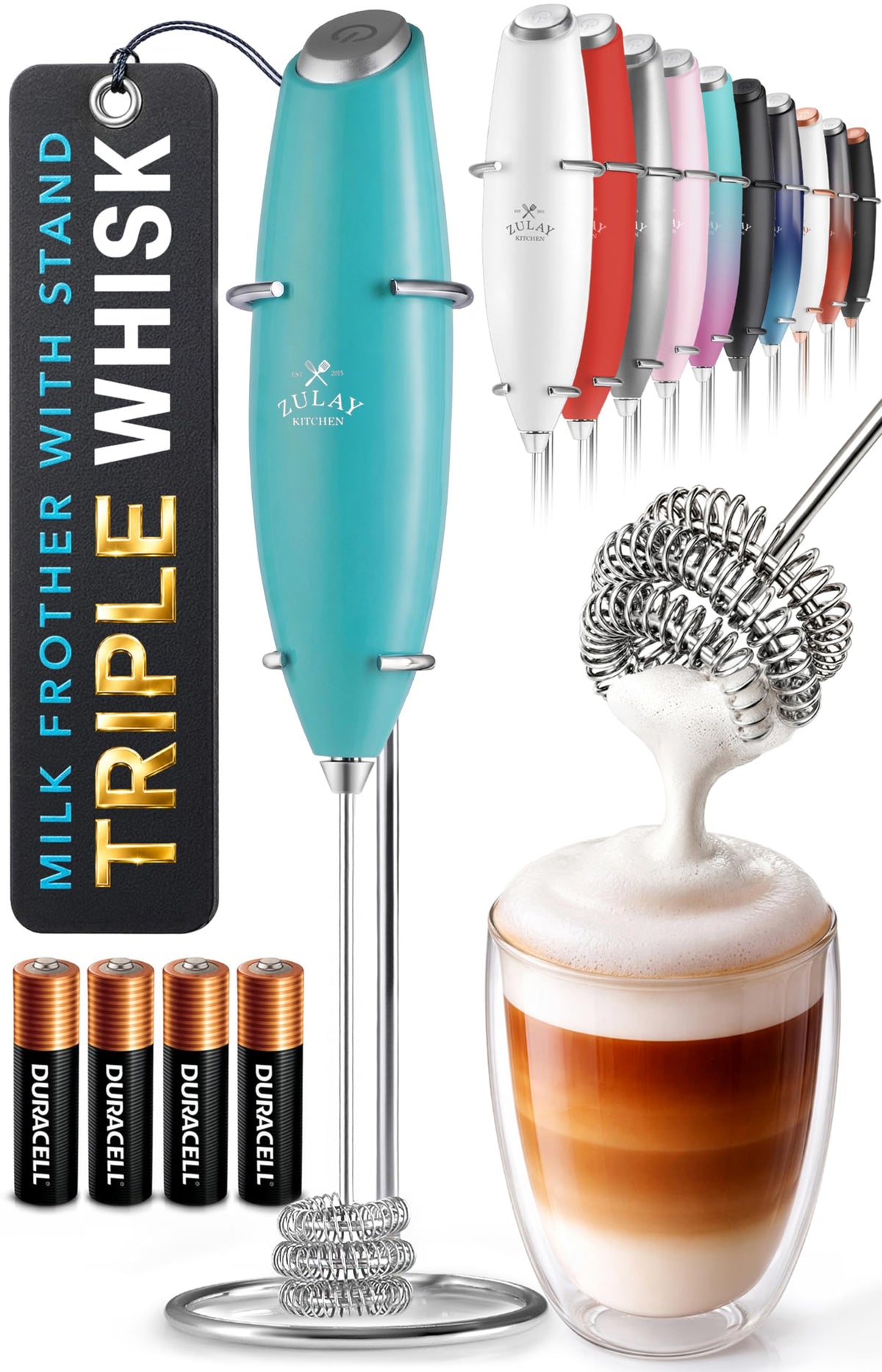 Zulay Kitchen Milk Frother Handheld Electric Whisk – Frother Wand, Durable Drink Mixer, Coffee Frother, Hand Blender, Frother for Protein Powder, Matcha & More - Black