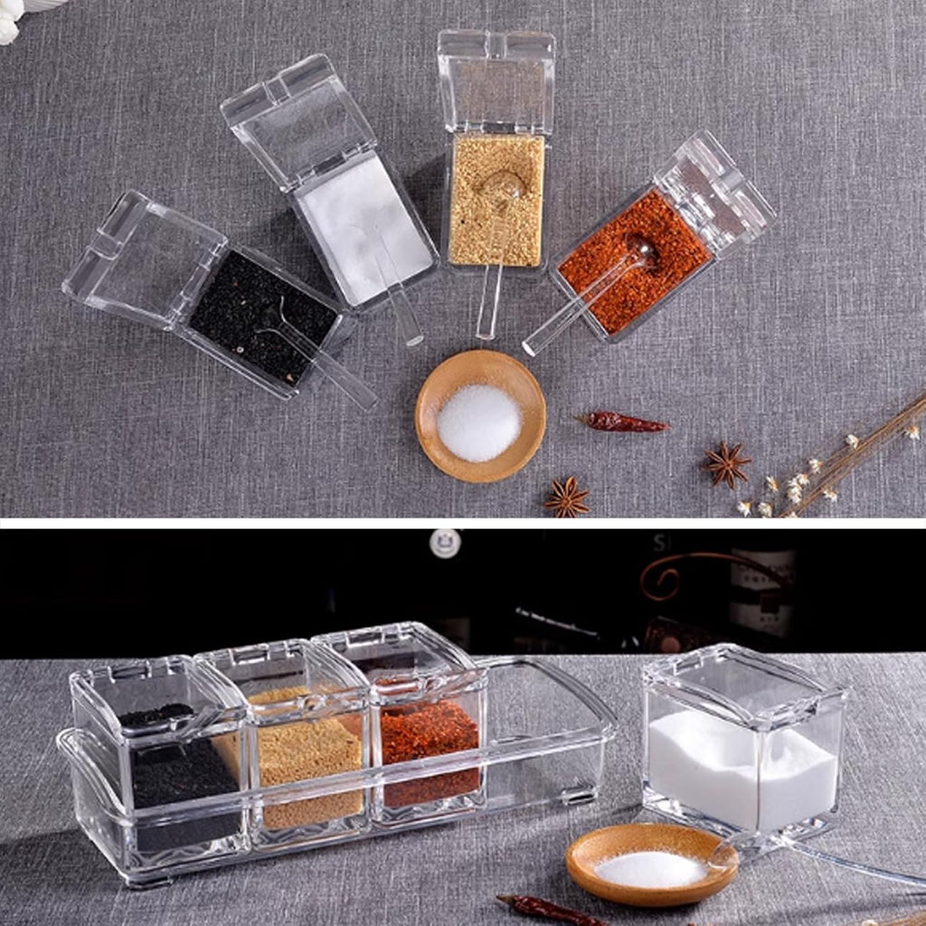 4-Cell Clear Seasoning Rack Spice Box Storage Container Condiment Jars Acrylic Seasoning Box with Cover and Spoon