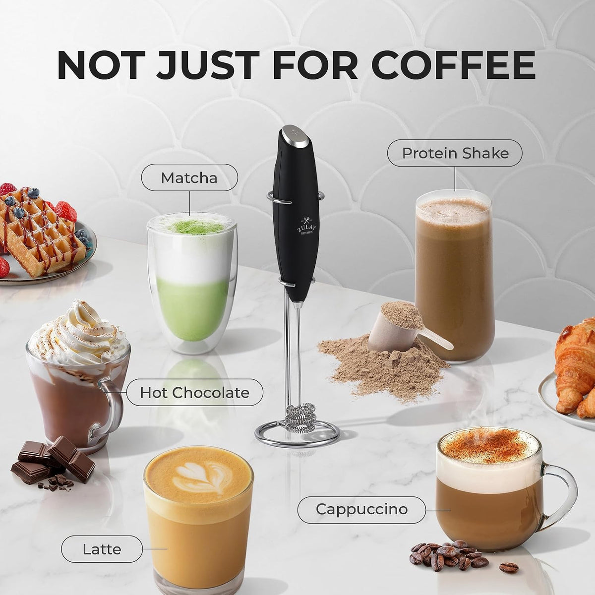 Zulay Kitchen Powerful Milk Frother Wand With Duracell Batteries - Ultra Fast Handheld Drink Mixer - Electric Whisk Foam Maker for Coffee, Lattes, Cappuccino & Matcha - Triple Whisk - Black