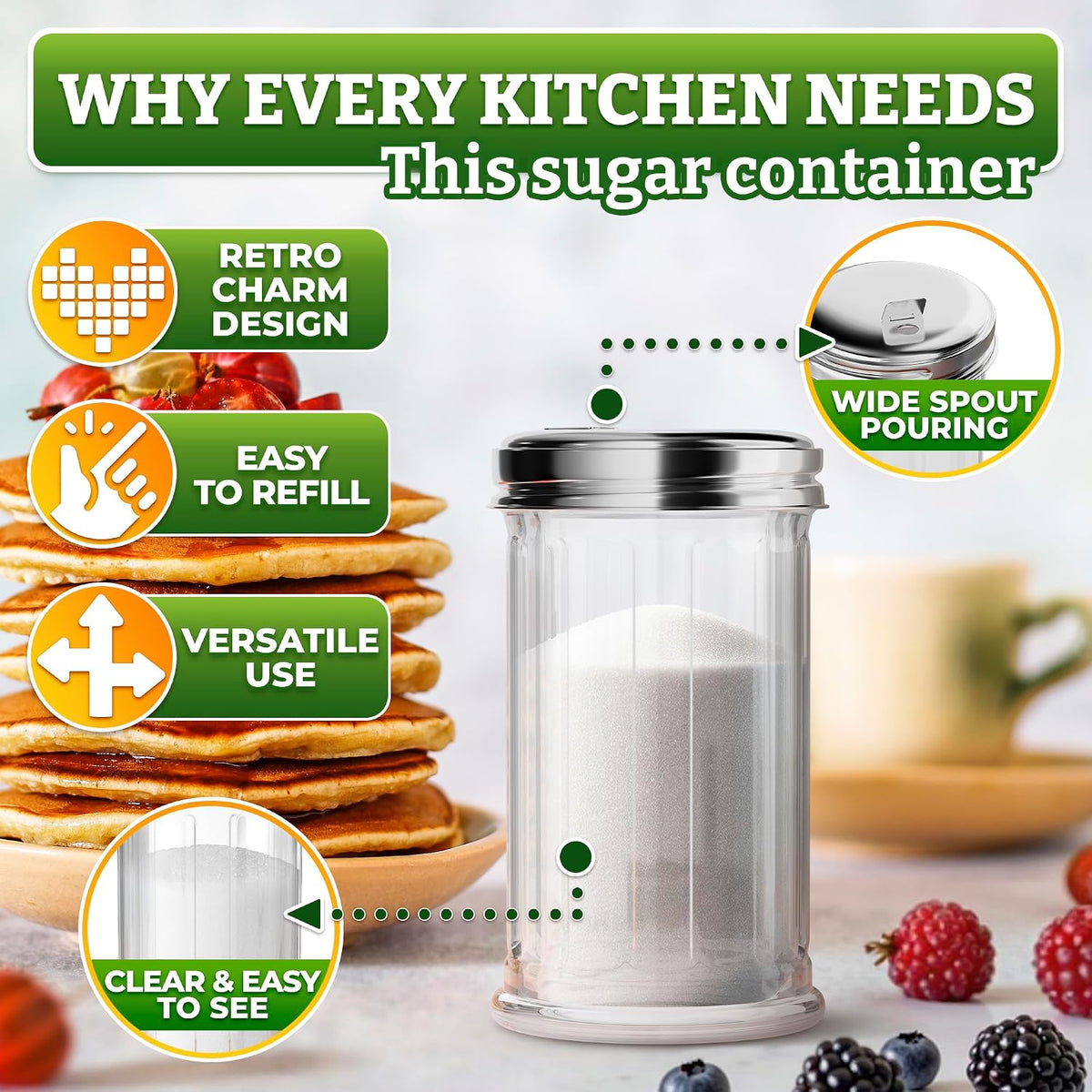 12 Oz Glass Sugar Container for Coffee Bar, with Pour Spout