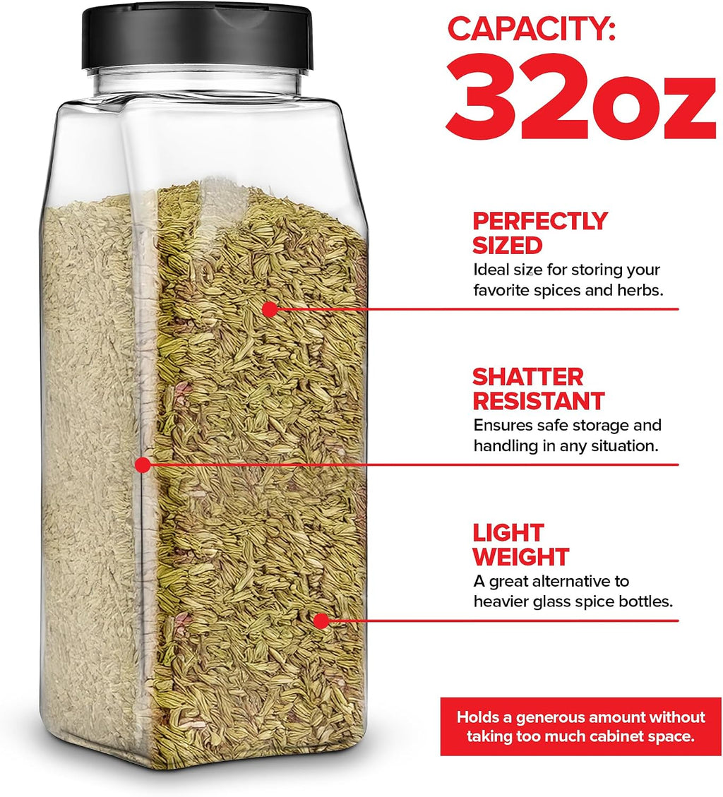 6 Pack 32 oz Plastic Spice Jars, Empty Seasoning Containers for Homemade Rub, Spices, Glitter, and More, Small Spice Containers with Black Shaker Lids and Heat-Induction Liner, Clear Spice Jars