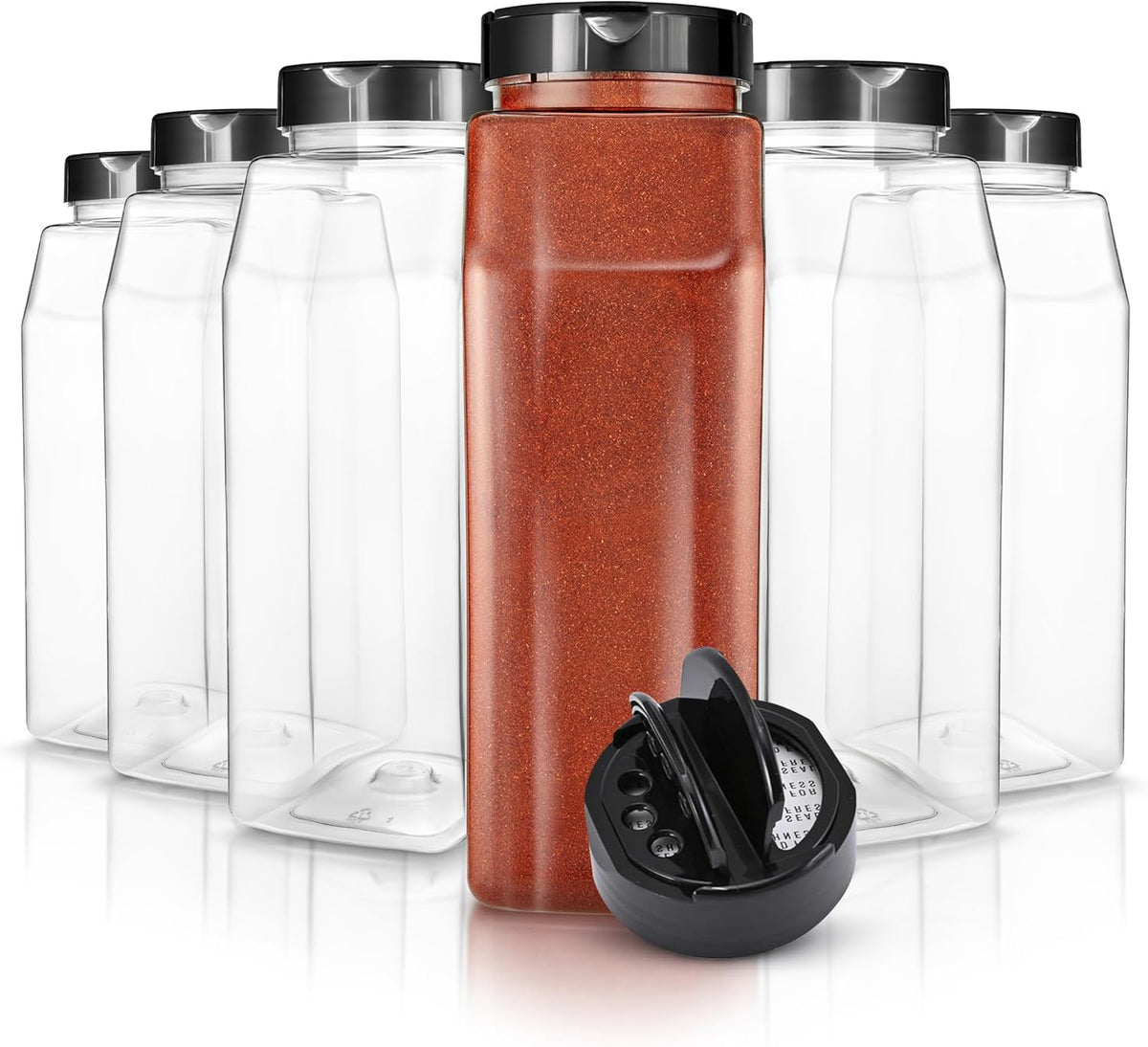 6 Pack 32 oz Plastic Spice Jars, Empty Seasoning Containers for Homemade Rub, Spices, Glitter, and More, Small Spice Containers with Black Shaker Lids and Heat-Induction Liner, Clear Spice Jars