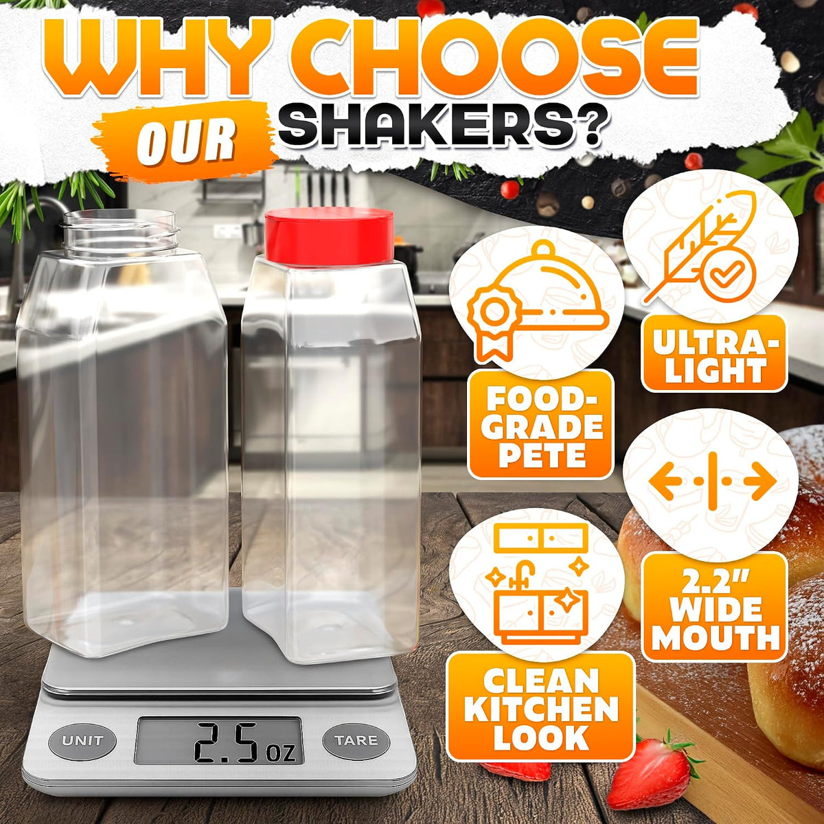 Reluen Large Seasoning Shaker Set of 2, 32 Oz Airtight Wide Mouth, Dual Lid