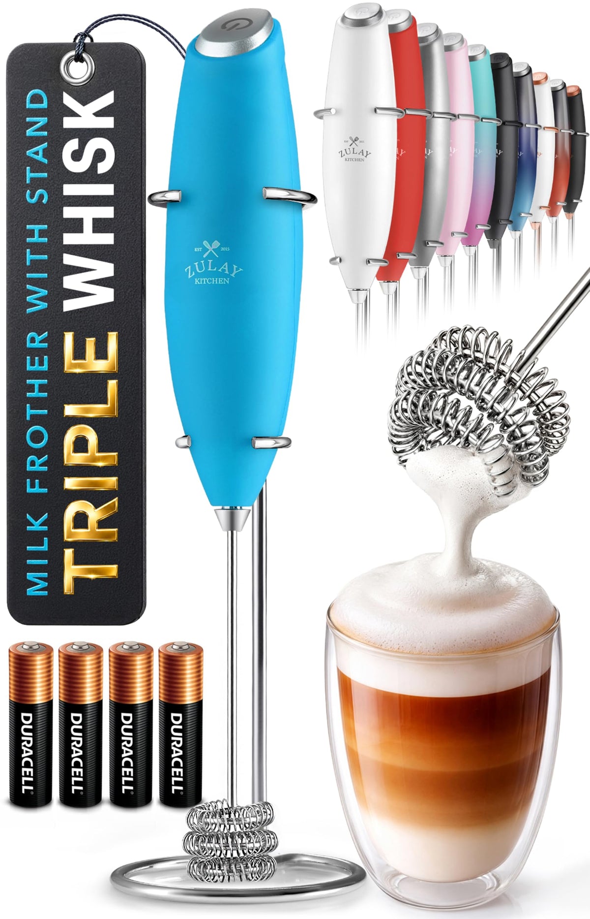 Zulay Kitchen Rechargeable Milk Frother Handheld - Frother Wand, Drink Mixer, Electric Whisk Frother, for Cappuccinos, Matcha & Protein Powder - Dynamic 3 Whisk, 3 Speed 500mAh Black