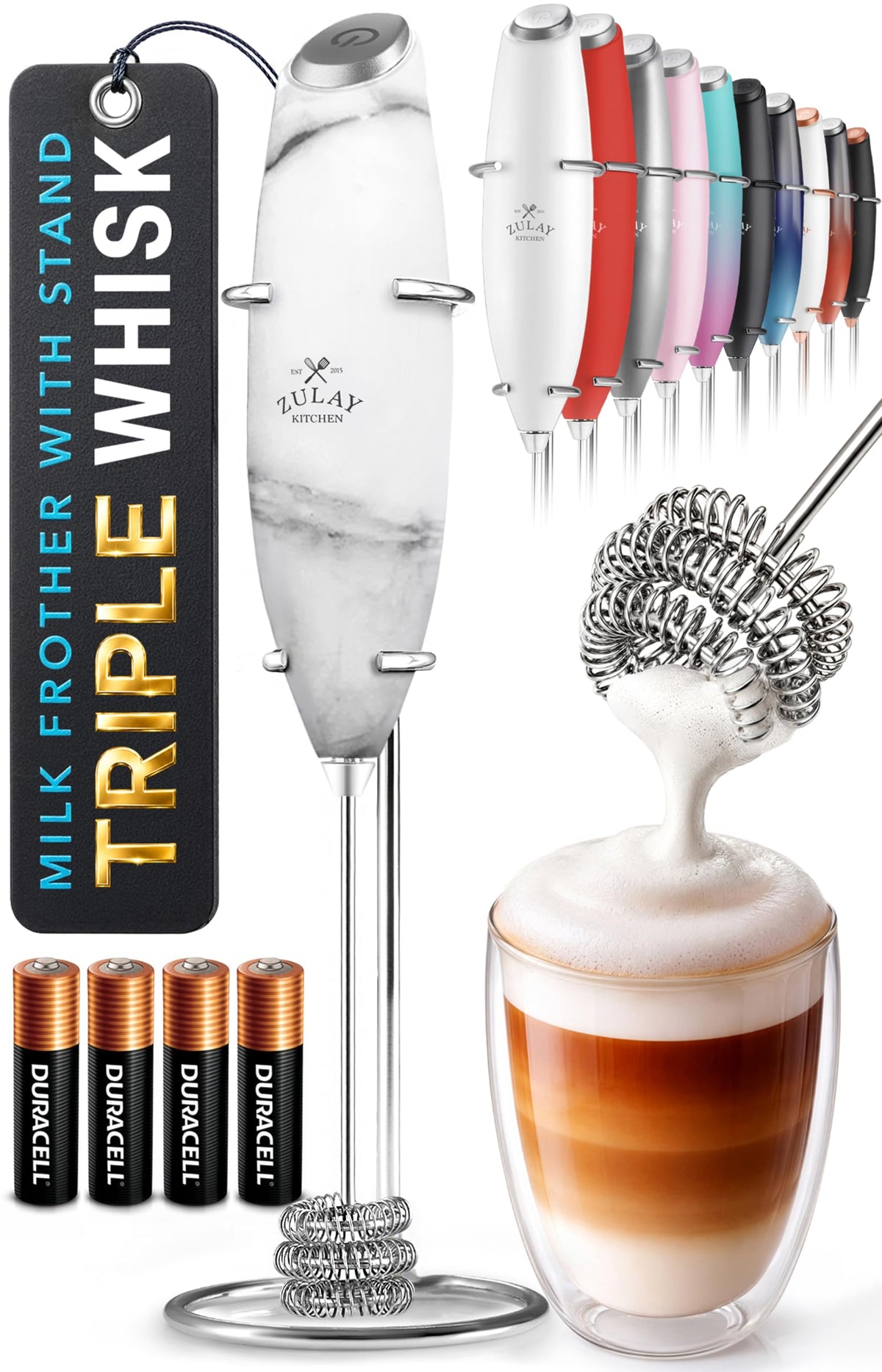 Zulay Kitchen Milk Frother Handheld Electric Whisk – Frother Wand, Durable Drink Mixer, Coffee Frother, Hand Blender, Frother for Protein Powder, Matcha & More - Black