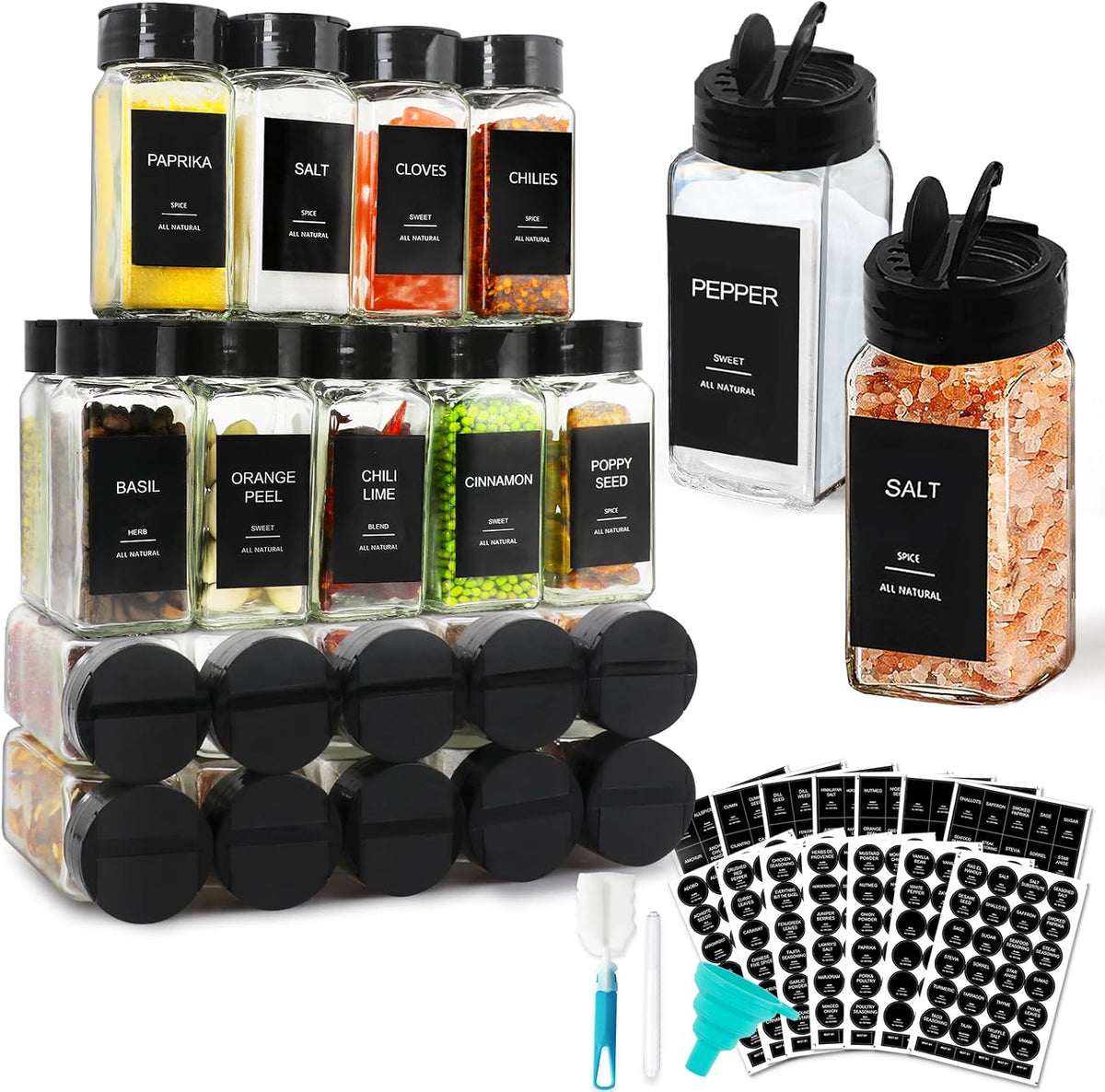 AISIPRIN Spice Jars with Lable, Glass Salt and Pepper Shakers Set, 24 Pcs Spice Botter with Shaker Lids, Ktchen Essentials Seasoning Organizer Containers, Included 398 Lables,Funnel, Brush, Marker