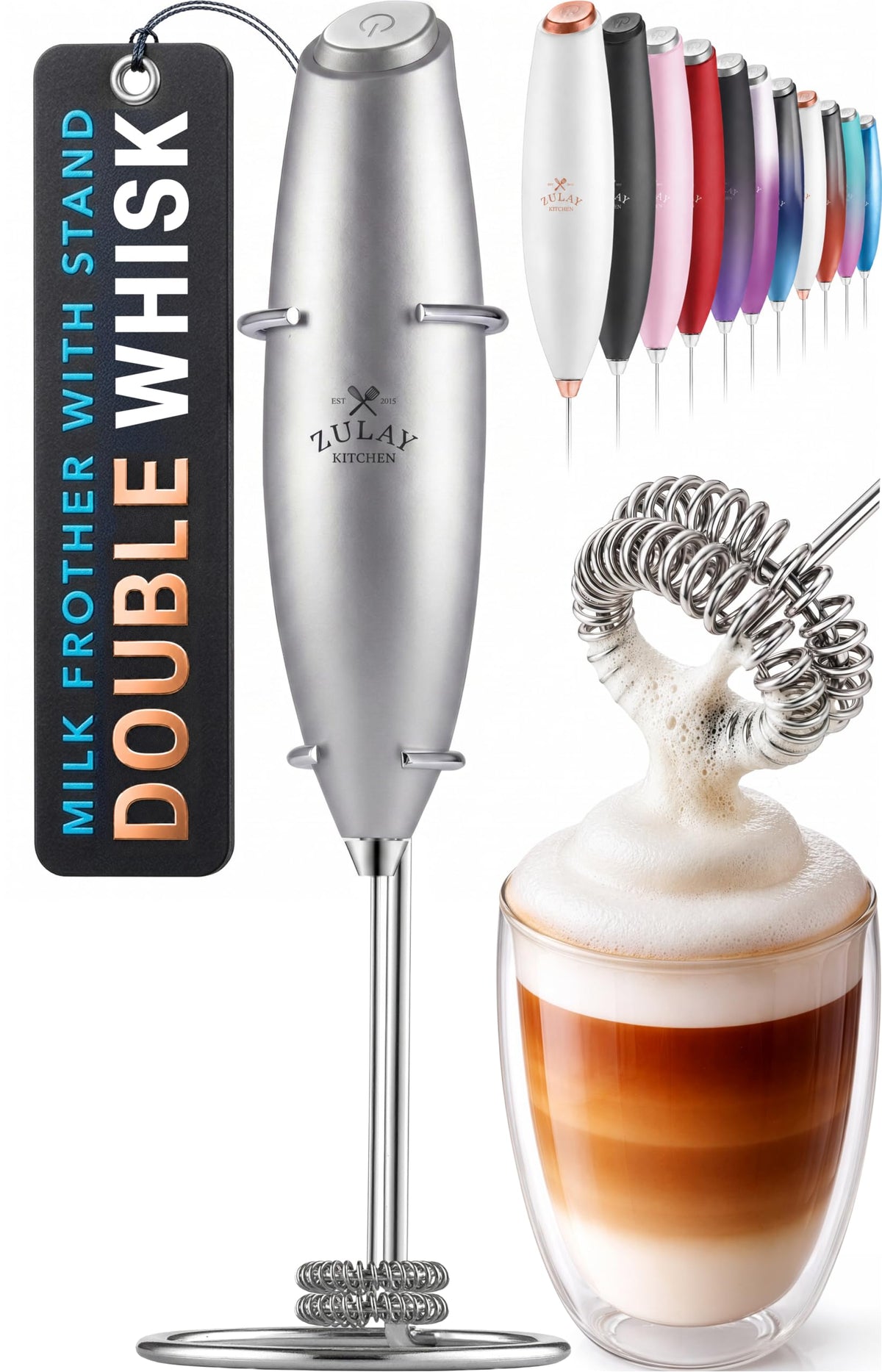Zulay Rechargeable Milk Frother – 3-in-1 Handheld Frother Wand with Travel Case & USB-C Charger – Single, Double & Egg Whisk for Latte, Cappuccino, Matcha, Protein Shakes - Froth N Go Deep Black