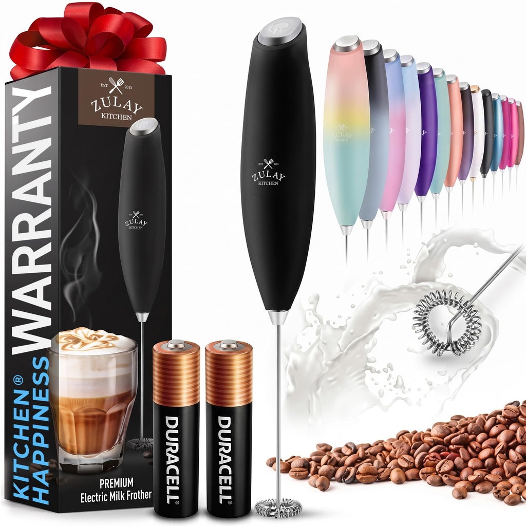 Zulay Rechargeable Milk Frother – 3-in-1 Handheld Frother Wand with Travel Case & USB-C Charger – Single, Double & Egg Whisk for Latte, Cappuccino, Matcha, Protein Shakes - Froth N Go Deep Black