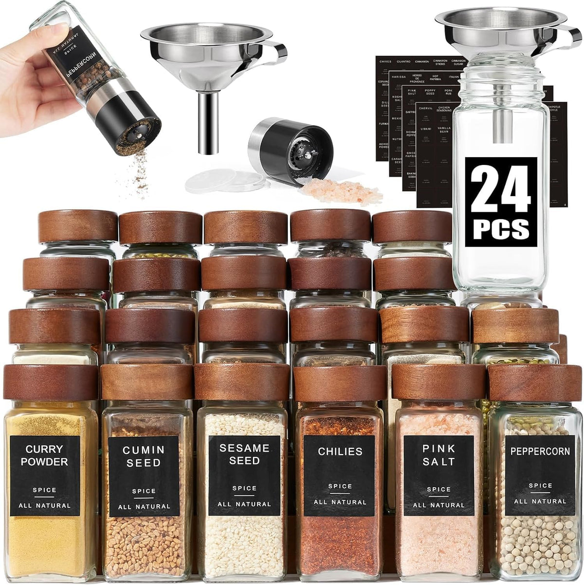 Yangbaga Glass Spice Jars with Labels, 24pcs 4oz Seasoning Organizer Jars