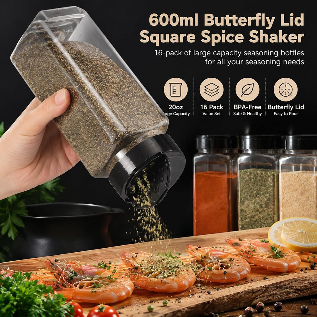 Hacaroa 16 Pack 20 Oz Plastic Spice Jars with Shaker/Pourer Lids, Square Large Empty Seasoning Containers Clear Spice Bottles for Dry Food, Condiments, Herbs, Powders