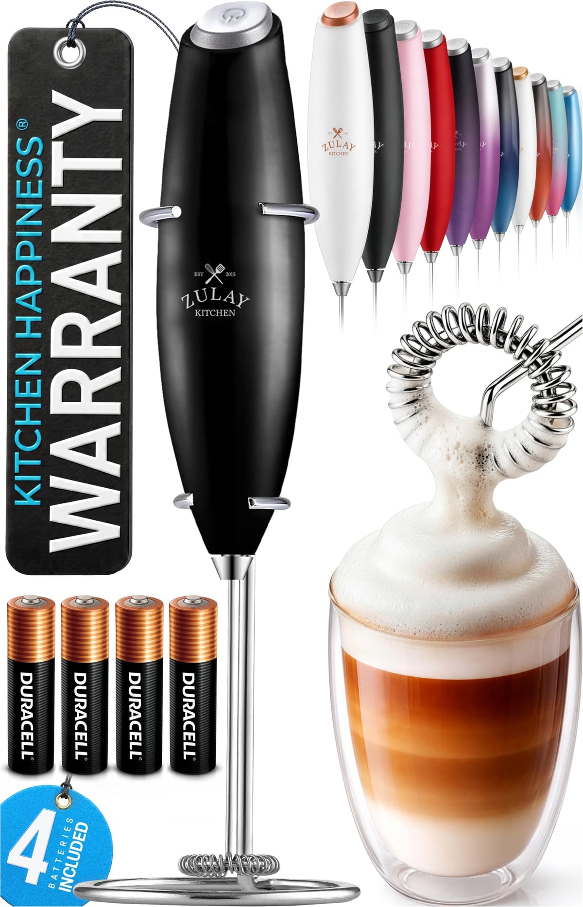 Zulay Kitchen Powerful Milk Frother Wand With Duracell Batteries - Ultra Fast Handheld Drink Mixer - Electric Whisk Foam Maker for Coffee, Lattes, Cappuccino & Matcha - Z1 Motor - Black