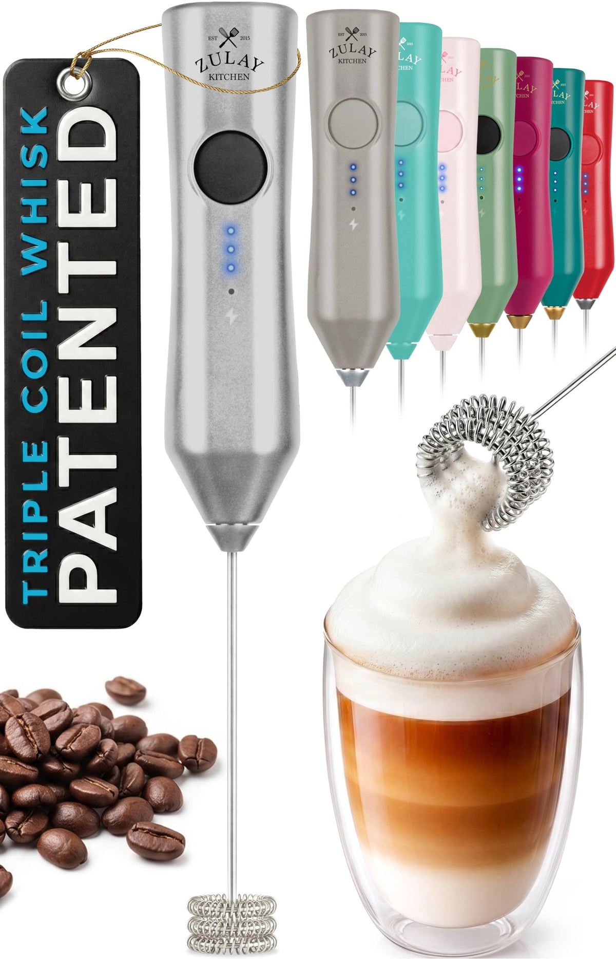 Zulay Kitchen Powerful Milk Frother Wand With Duracell Batteries - Ultra Fast Handheld Drink Mixer - Electric Whisk Foam Maker for Coffee, Lattes, Cappuccino & Matcha - Z1 Motor - Black