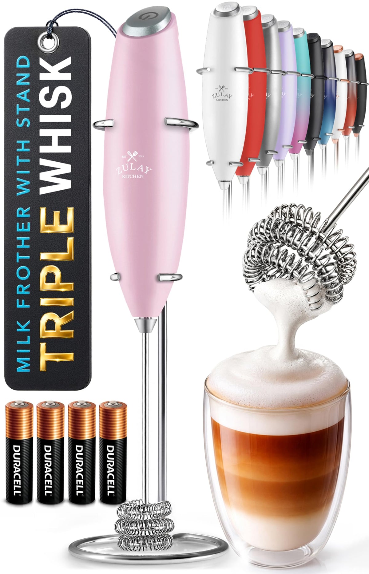 Zulay Kitchen Rechargeable Milk Frother Handheld - Frother Wand, Drink Mixer, Electric Whisk Frother, for Cappuccinos, Matcha & Protein Powder - Dynamic 3 Whisk, 3 Speed 500mAh Black