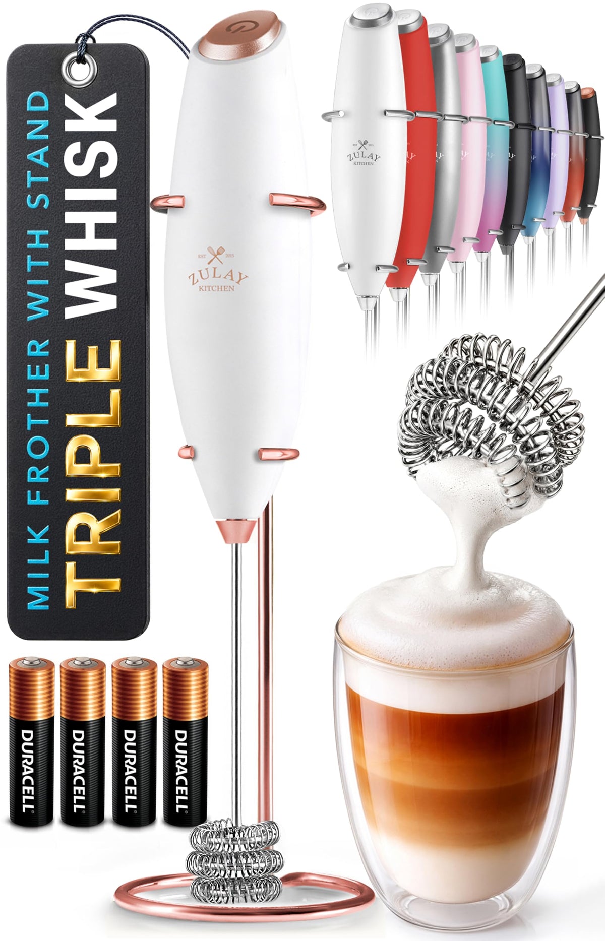 Zulay Kitchen Milk Frother Handheld Electric Whisk – Frother Wand, Durable Drink Mixer, Coffee Frother, Hand Blender, Frother for Protein Powder, Matcha & More - Black