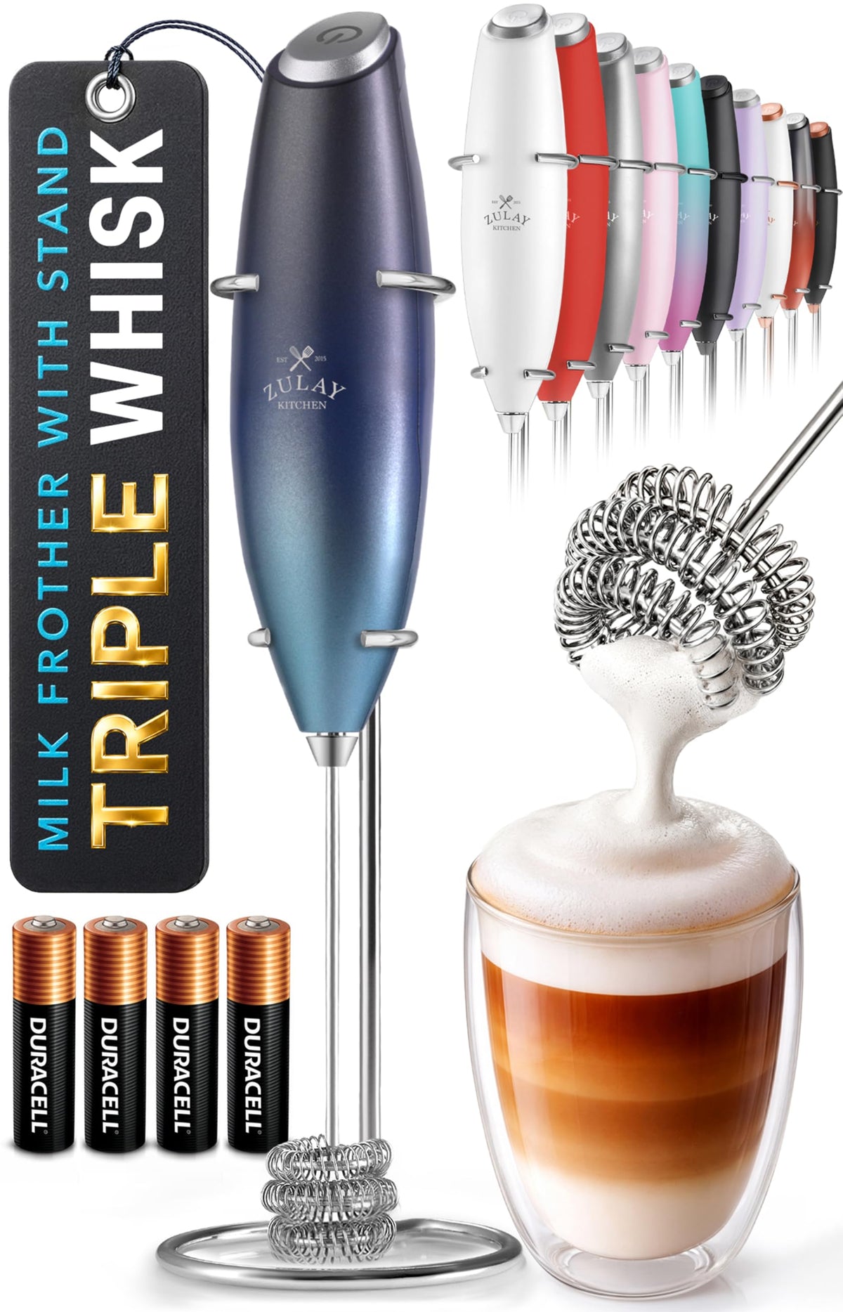 Zulay Kitchen Milk Frother Handheld Electric Whisk – Frother Wand, Durable Drink Mixer, Coffee Frother, Hand Blender, Frother for Protein Powder, Matcha & More - Black