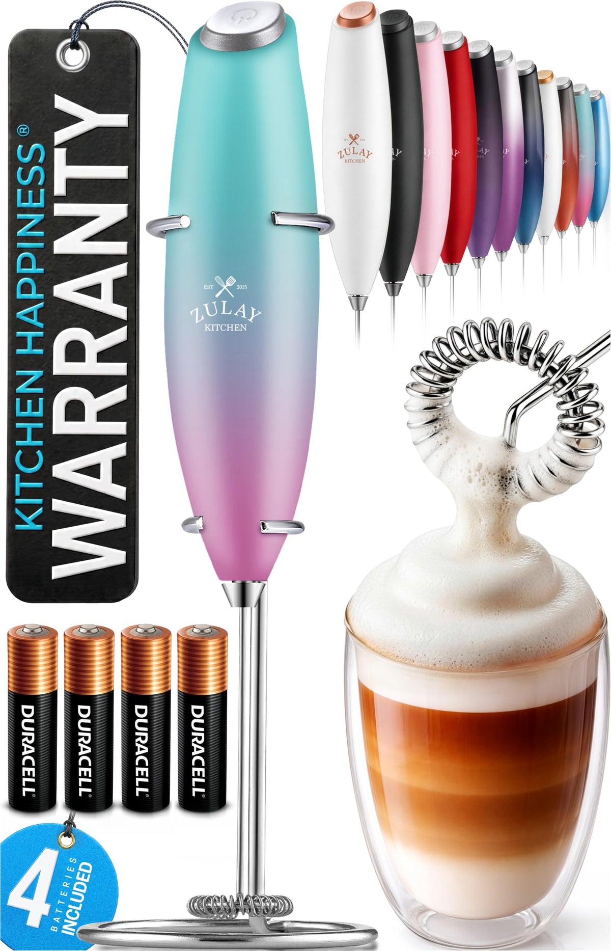 Zulay Kitchen Powerful Milk Frother Wand With Duracell Batteries - Ultra Fast Handheld Drink Mixer - Electric Whisk Foam Maker for Coffee, Lattes, Cappuccino & Matcha - Triple Whisk - Black