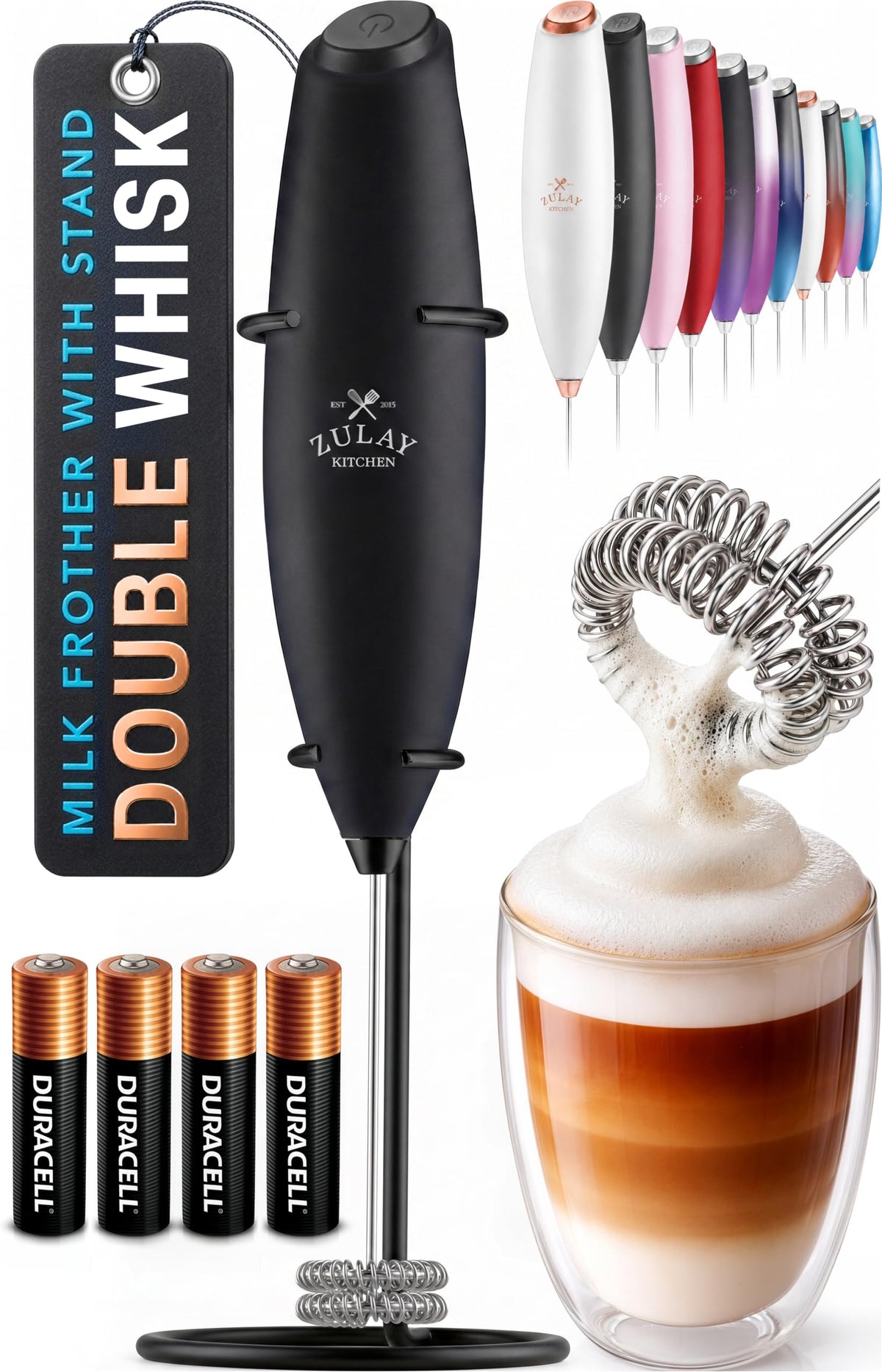 Zulay Kitchen Rechargeable Milk Frother Handheld - Frother Wand, Drink Mixer, Electric Whisk Frother, for Cappuccinos, Matcha & Protein Powder - Dynamic 3 Whisk, 3 Speed 500mAh Black