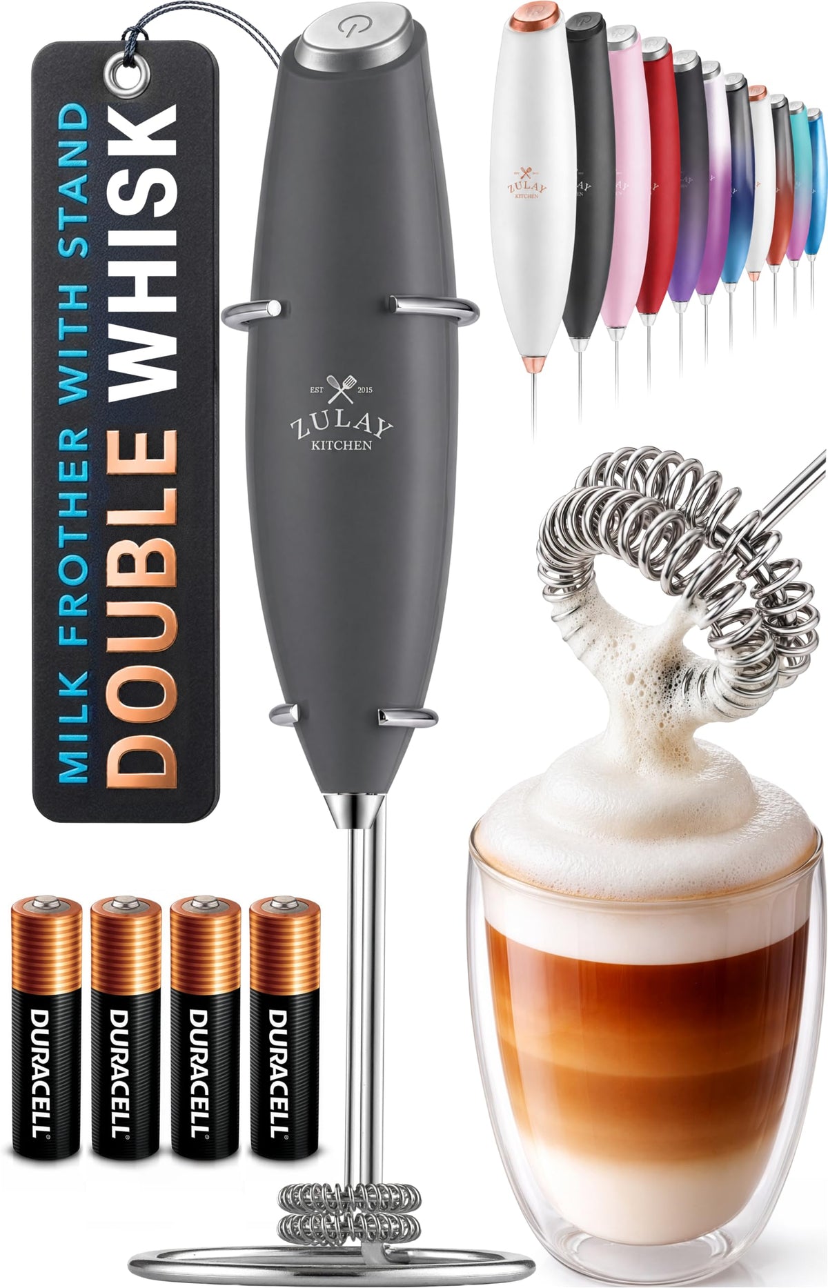 Zulay Kitchen Rechargeable Milk Frother Handheld - Frother Wand, Drink Mixer, Electric Whisk Frother, for Cappuccinos, Matcha & Protein Powder - Dynamic 3 Whisk, 3 Speed 500mAh Black