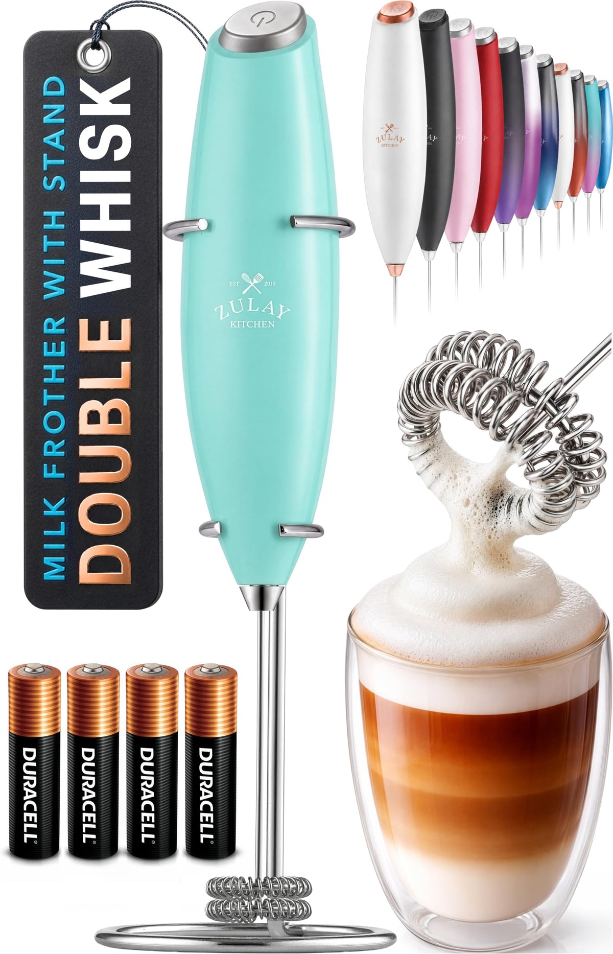 Zulay Kitchen Powerful Milk Frother Wand With Duracell Batteries - Ultra Fast Handheld Drink Mixer - Electric Whisk Foam Maker for Coffee, Lattes, Cappuccino & Matcha - Z1 Motor - Black