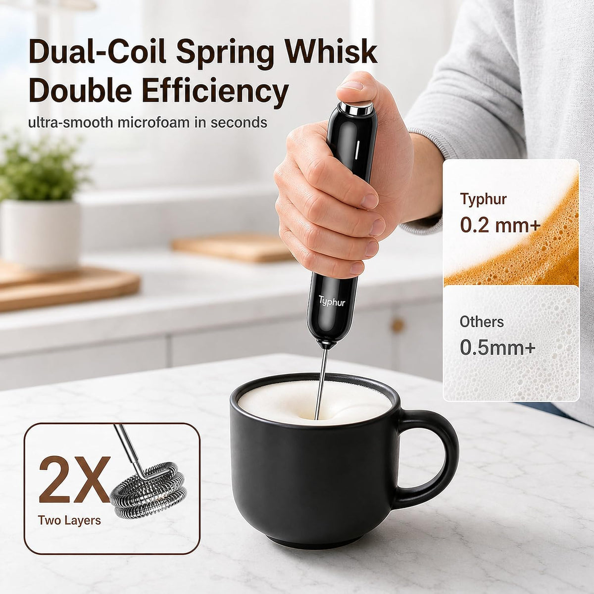 InstaWhisk Upgraded Milk Frother with Variable Speed - Rechargeable Handheld Coffee Frother Wand with Detachable Whisks, Electric Drink Mixer for Latte, Cappuccino, Matcha, Almond Milk, Protein, Black