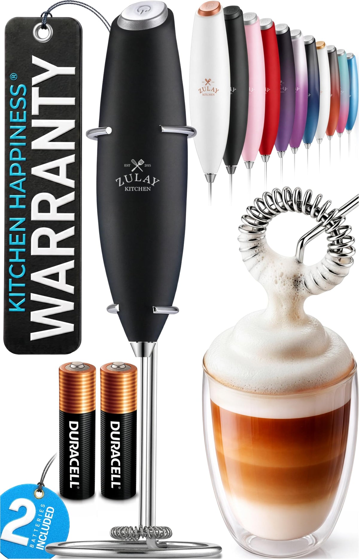 Zulay Kitchen Milk Frother Handheld Electric Whisk – Frother Wand, Durable Drink Mixer, Coffee Frother, Hand Blender, Frother for Protein Powder, Matcha & More - Black