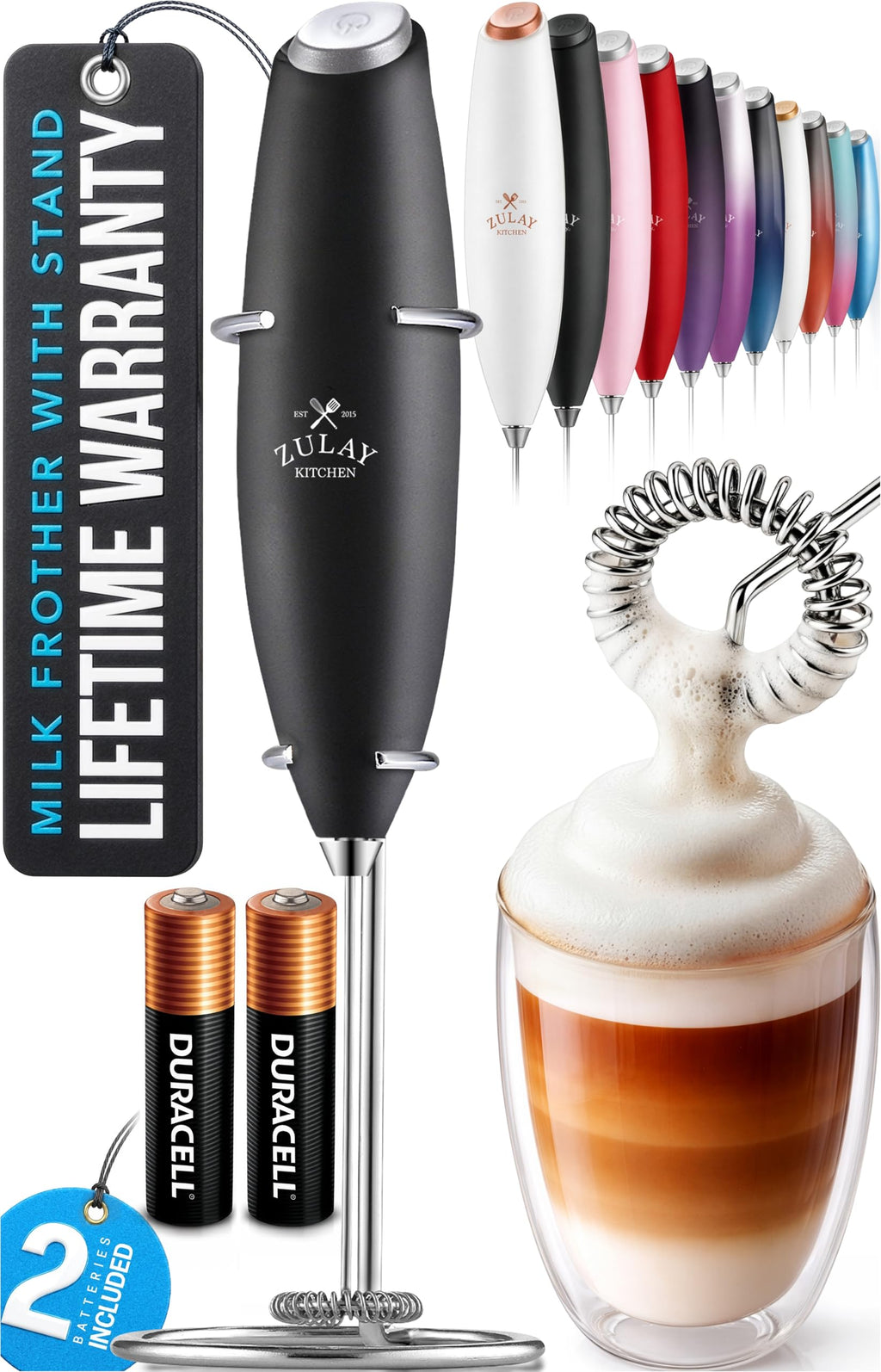 Zulay Kitchen Milk Frother Handheld - Mini Frother Wand, Milk Mixer, Drink Whisk for Coffee, Matcha Essentials & More, Stick Frother for Protein Shakes, Froster Mixer - AA Batteries Included - Black