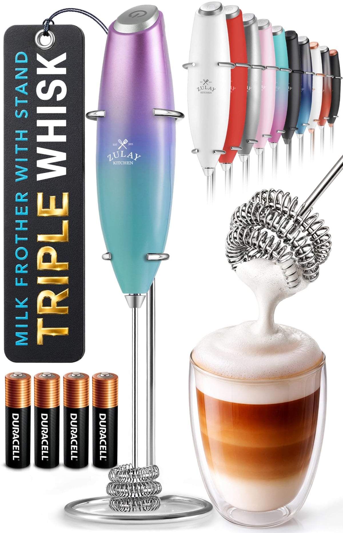 Zulay Kitchen Powerful Milk Frother Wand With Duracell Batteries - Ultra Fast Handheld Drink Mixer - Electric Whisk Foam Maker for Coffee, Lattes, Cappuccino & Matcha - Triple Whisk - Black