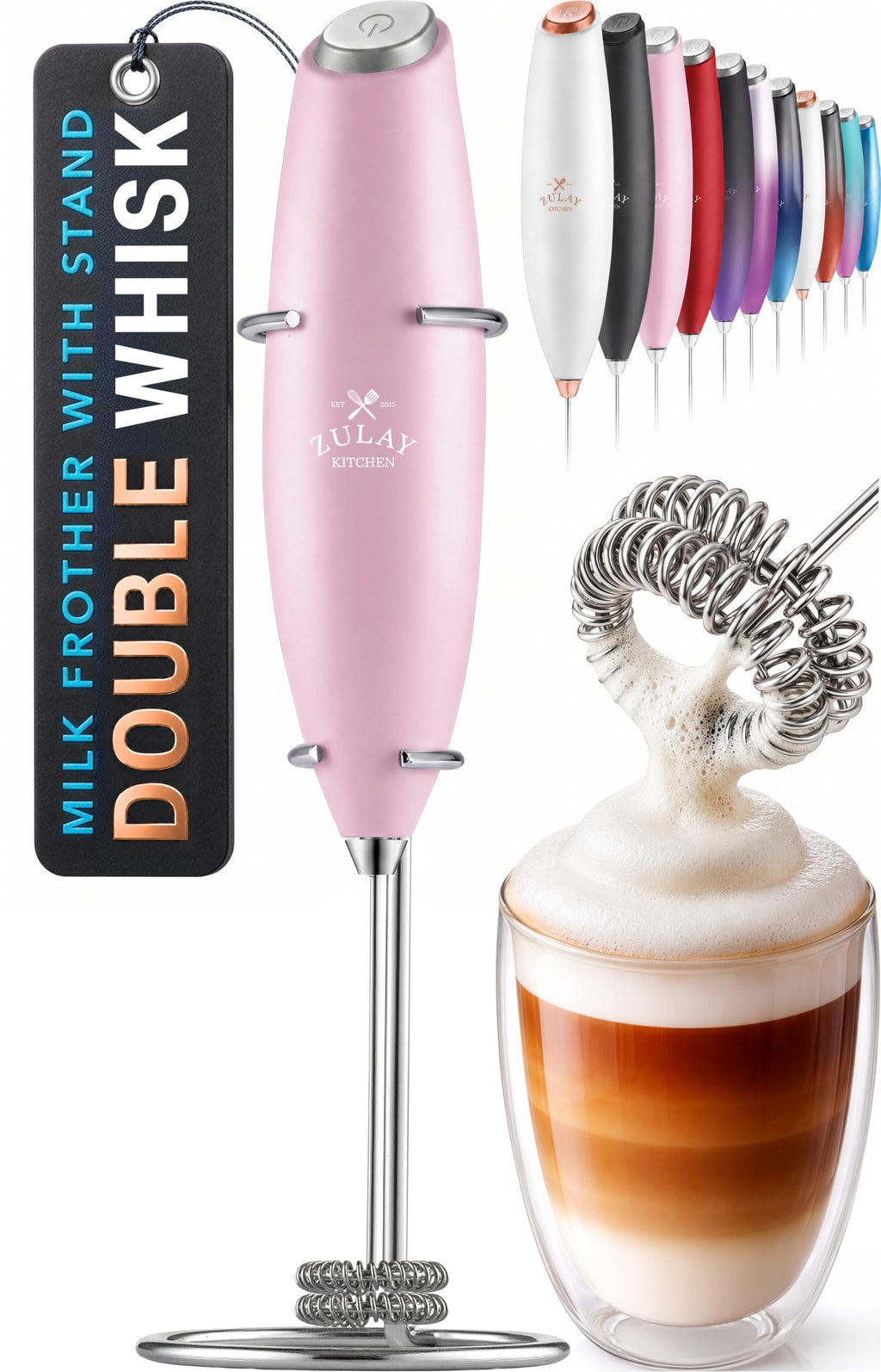 Zulay Rechargeable Milk Frother – 3-in-1 Handheld Frother Wand with Travel Case & USB-C Charger – Single, Double & Egg Whisk for Latte, Cappuccino, Matcha, Protein Shakes - Froth N Go Deep Black