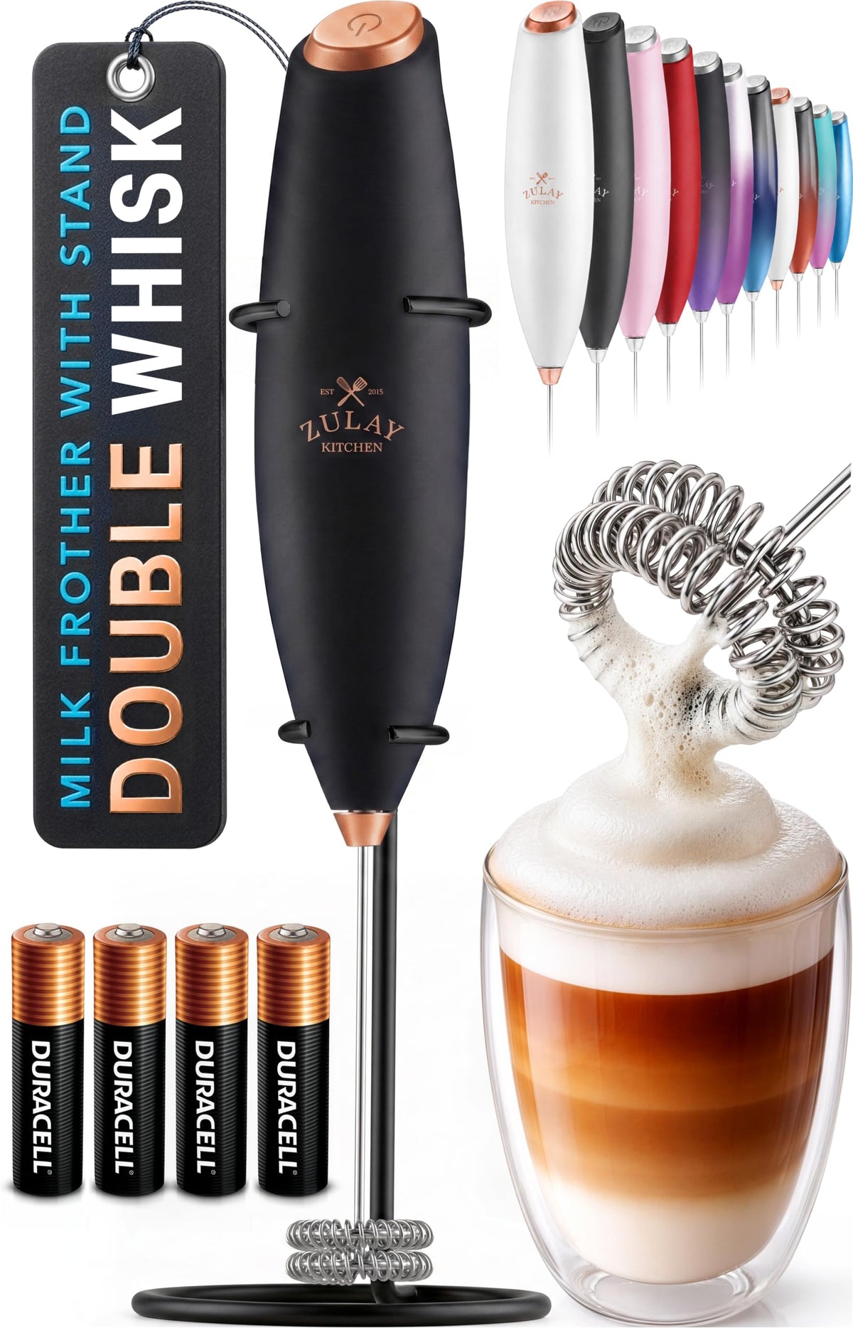 Zulay Kitchen Powerful Milk Frother Wand With Duracell Batteries - Ultra Fast Handheld Drink Mixer - Electric Whisk Foam Maker for Coffee, Lattes, Cappuccino & Matcha - Z1 Motor - Black