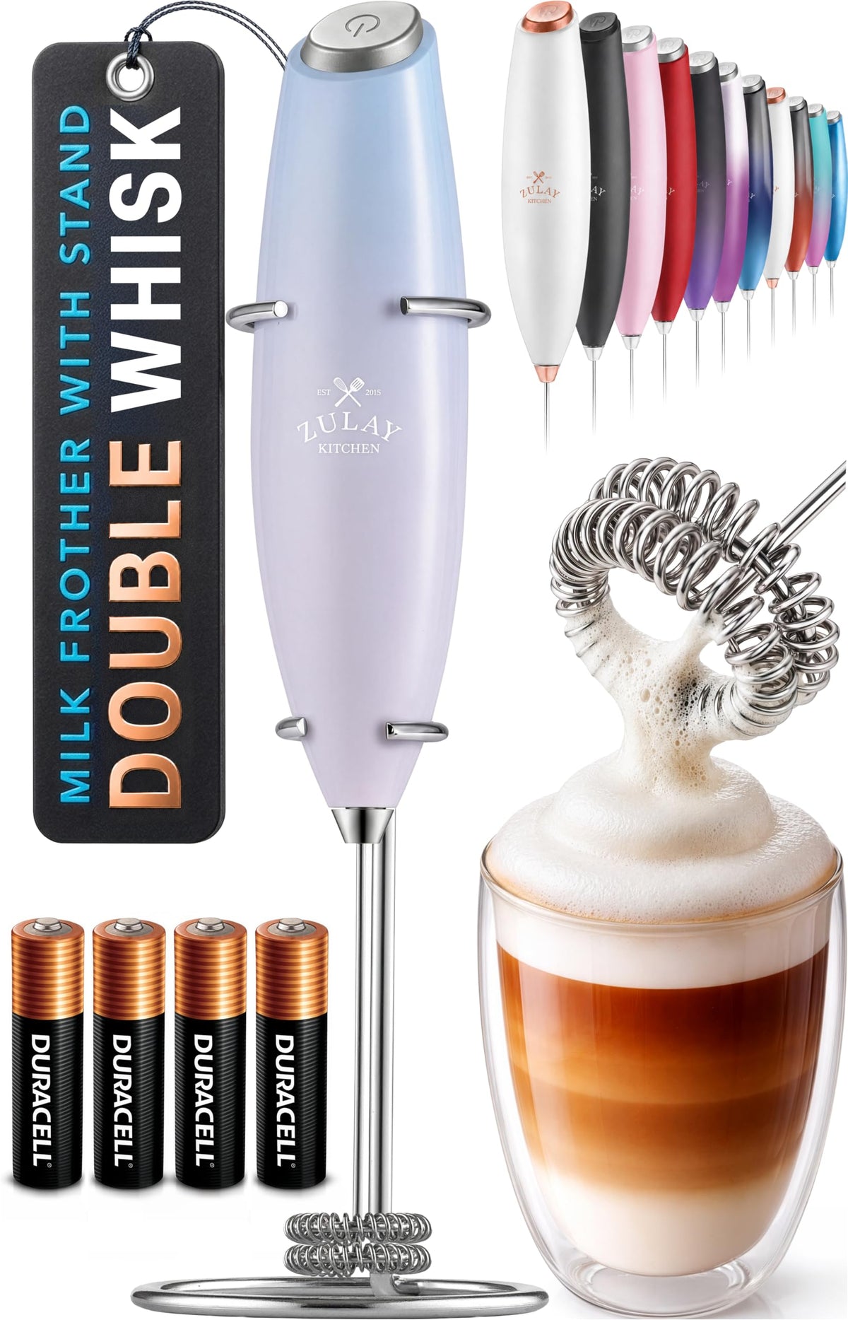 Zulay Kitchen Milk Frother Handheld Electric Whisk – Frother Wand, Durable Drink Mixer, Coffee Frother, Hand Blender, Frother for Protein Powder, Matcha & More - Black