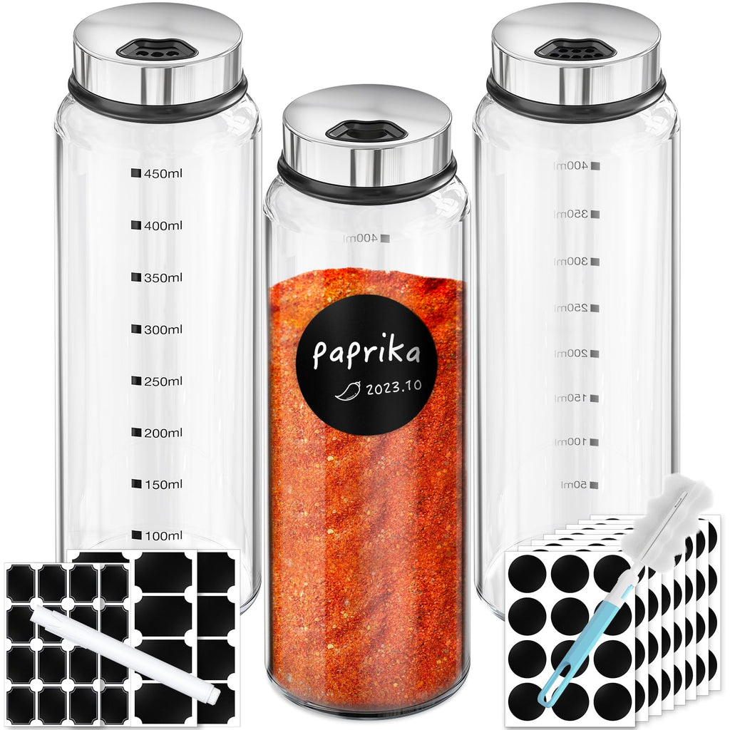 Segarty Spice Jars, 3 Pack 3 oz Spice Bottles with Shaker Lids, Glass Empty Seasoning Containers with Adjustable Pour Holes for Kitchen Spice Storage Stainless Steel Flow Top Salt and Pepper Shakers