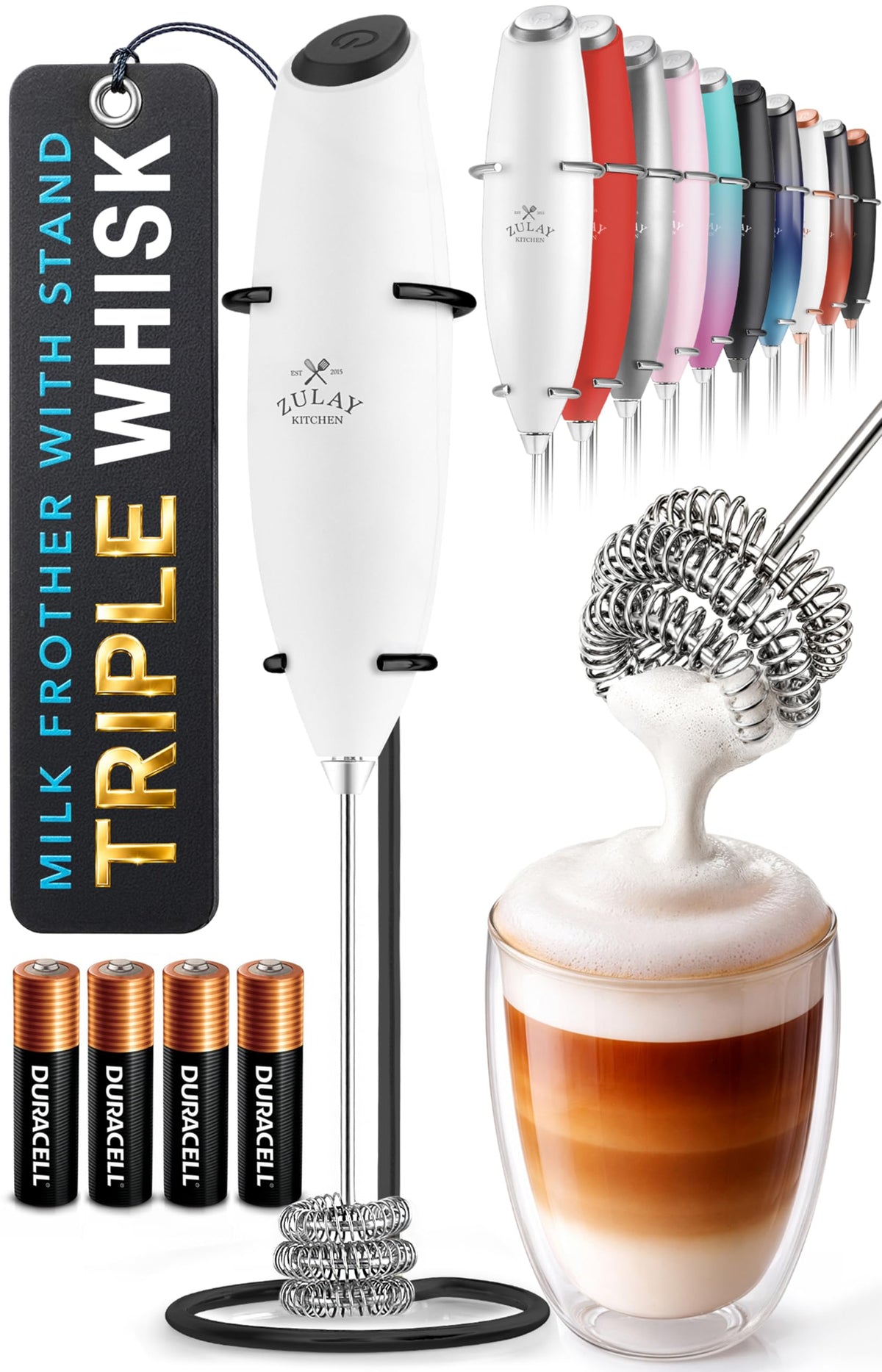 Zulay Kitchen Milk Frother Handheld Electric Whisk – Frother Wand, Durable Drink Mixer, Coffee Frother, Hand Blender, Frother for Protein Powder, Matcha & More - Black