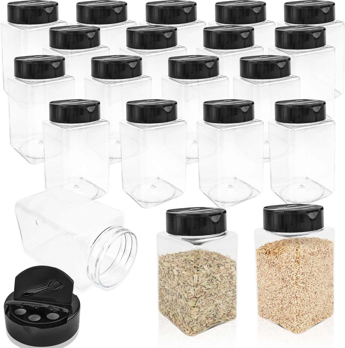 20 Pack 9 oz Plastic Spice Jars with Black Cap Clear Square Spice Jars Containers Plastic Bottle Large Empty Seasoning Containers for Storing Salt Herbs Seasoning Powders