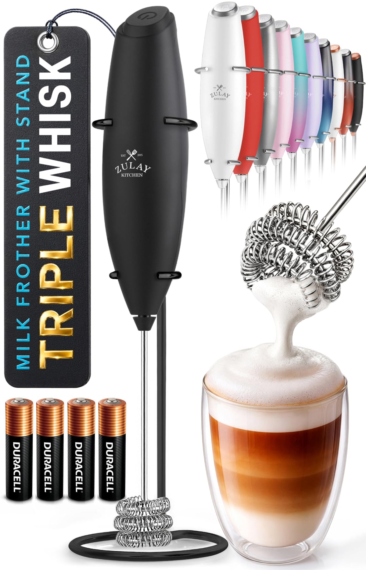 Zulay Kitchen Rechargeable Milk Frother Handheld - Frother Wand, Drink Mixer, Electric Whisk Frother, for Cappuccinos, Matcha & Protein Powder - Dynamic 3 Whisk, 3 Speed 500mAh Black