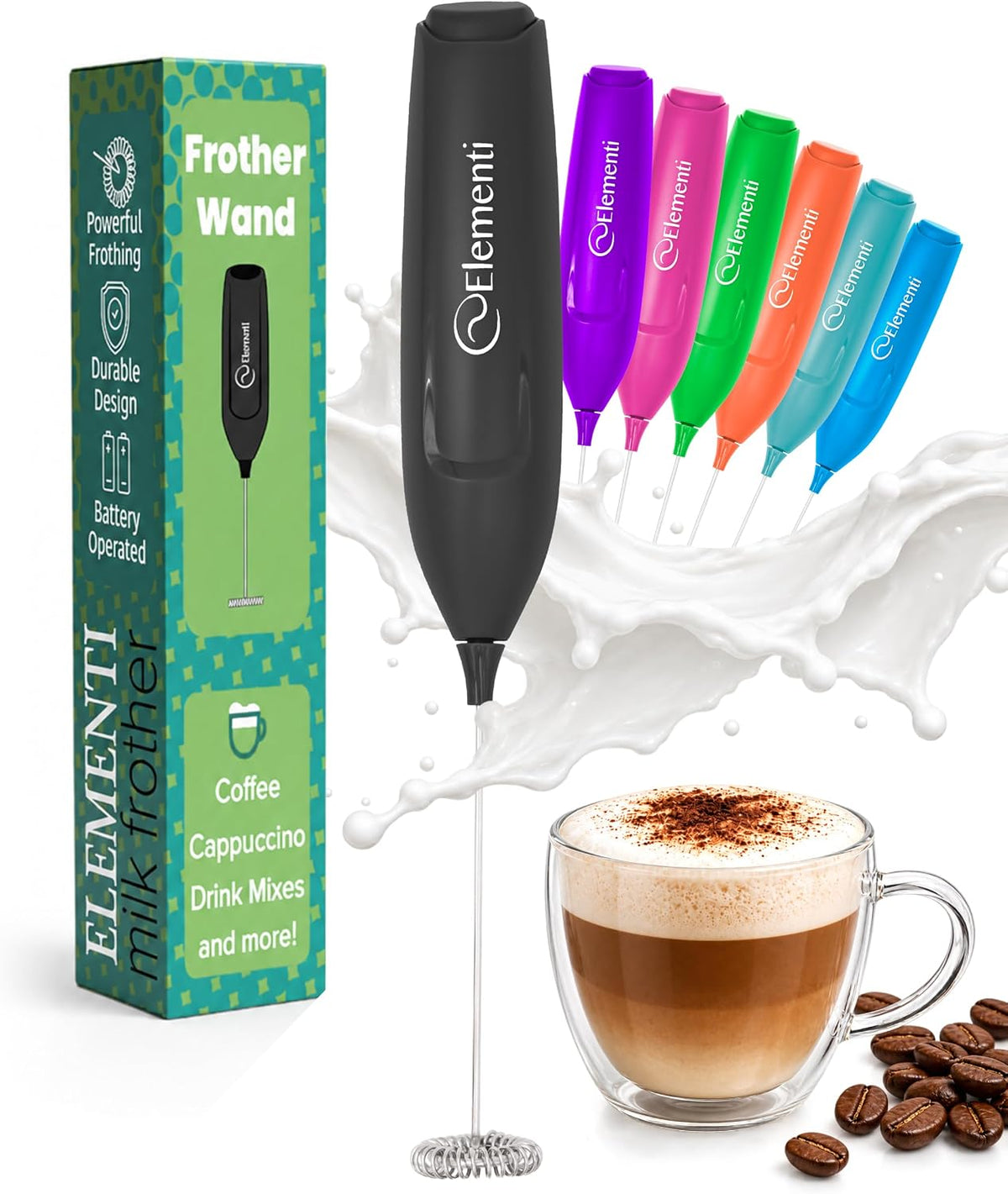 Elementi Frother Wand – Powerful Milk Frother & Coffee Stirrers Electric, Matcha Whisk for Dreamy Lattes, Powerful Coffee Mixer Wand & Blender Stirrer - Make Creamy Cappuccinos at Home (Black)