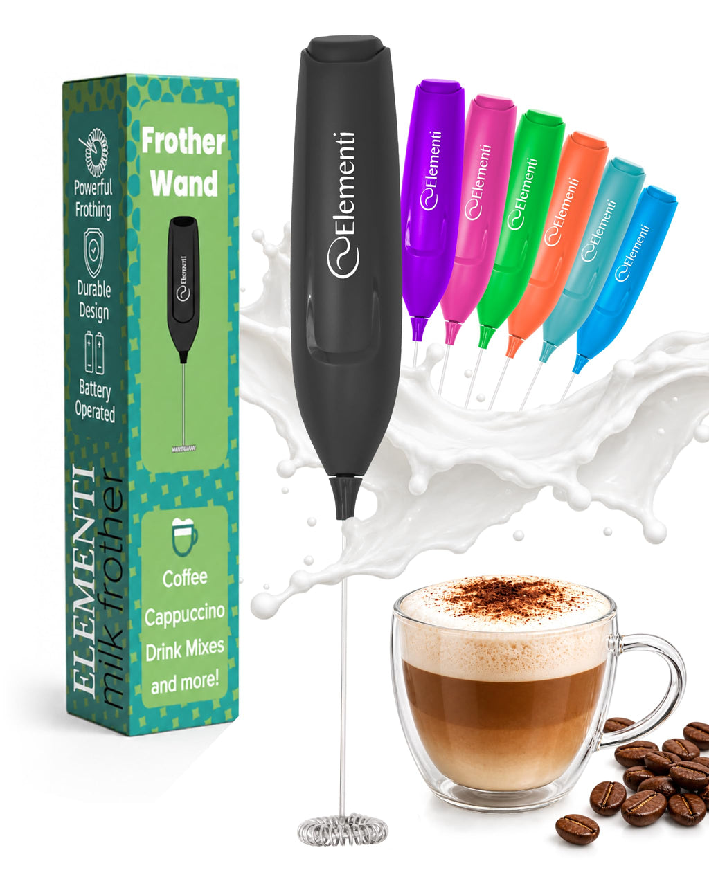 Elementi Frother Wand – Powerful Milk Frother & Coffee Stirrers Electric, Matcha Whisk for Dreamy Lattes, Powerful Coffee Mixer Wand & Blender Stirrer - Make Creamy Cappuccinos at Home (Black)