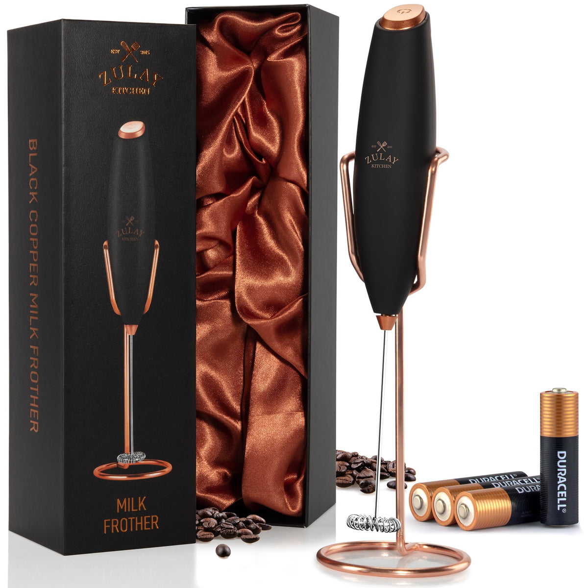 Zulay Kitchen Powerful Milk Frother Wand With Duracell Batteries - Ultra Fast Handheld Drink Mixer - Electric Whisk Foam Maker for Coffee, Lattes, Cappuccino & Matcha - Triple Whisk - Black