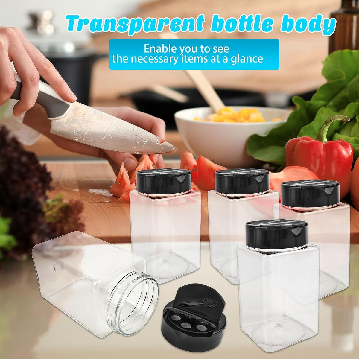 20 Pack 9 oz Plastic Spice Jars with Black Cap Clear Square Spice Jars Containers Plastic Bottle Large Empty Seasoning Containers for Storing Salt Herbs Seasoning Powders