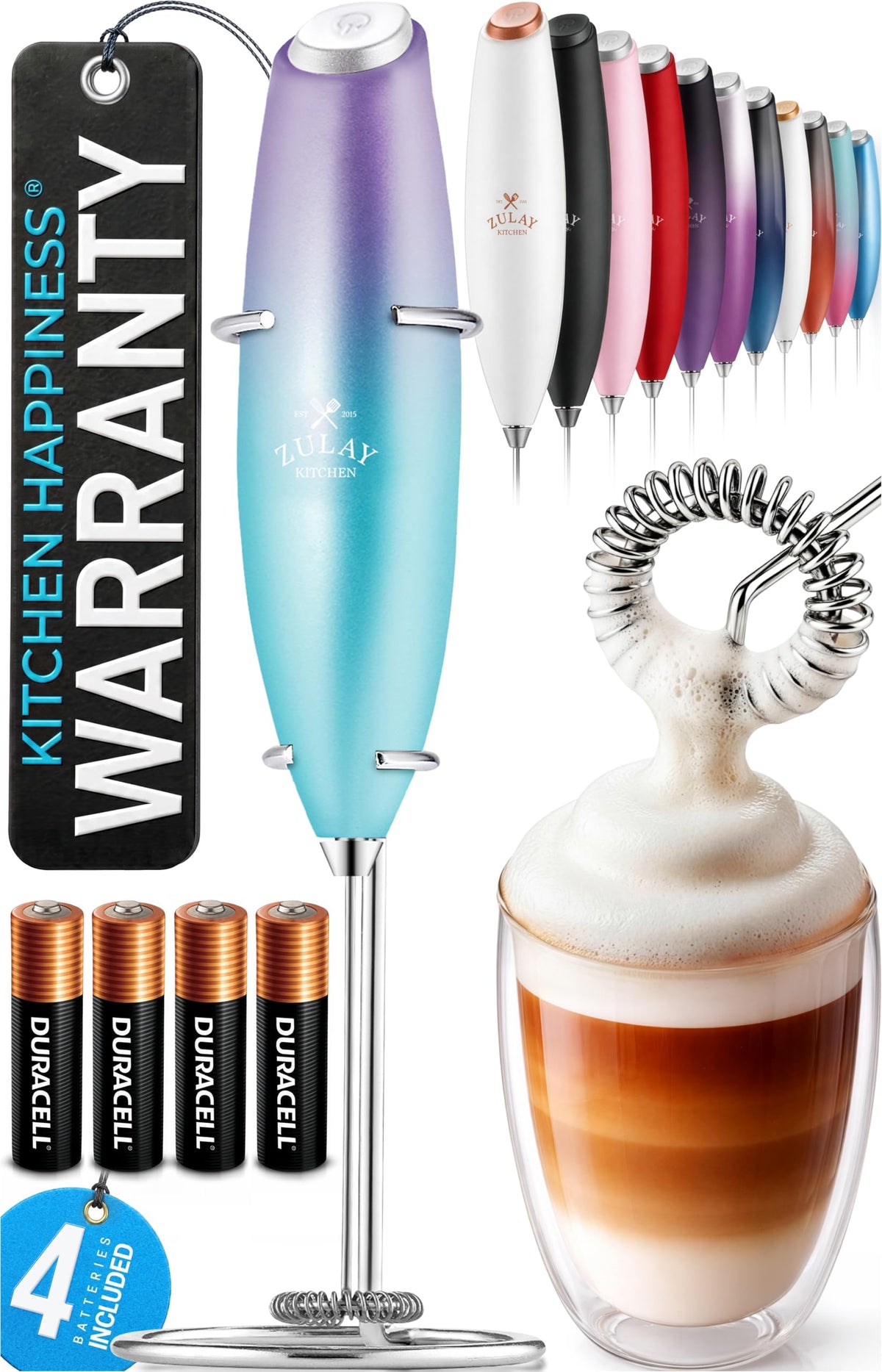 Zulay Kitchen Powerful Milk Frother Wand With Duracell Batteries - Ultra Fast Handheld Drink Mixer - Electric Whisk Foam Maker for Coffee, Lattes, Cappuccino & Matcha - Z1 Motor - Black