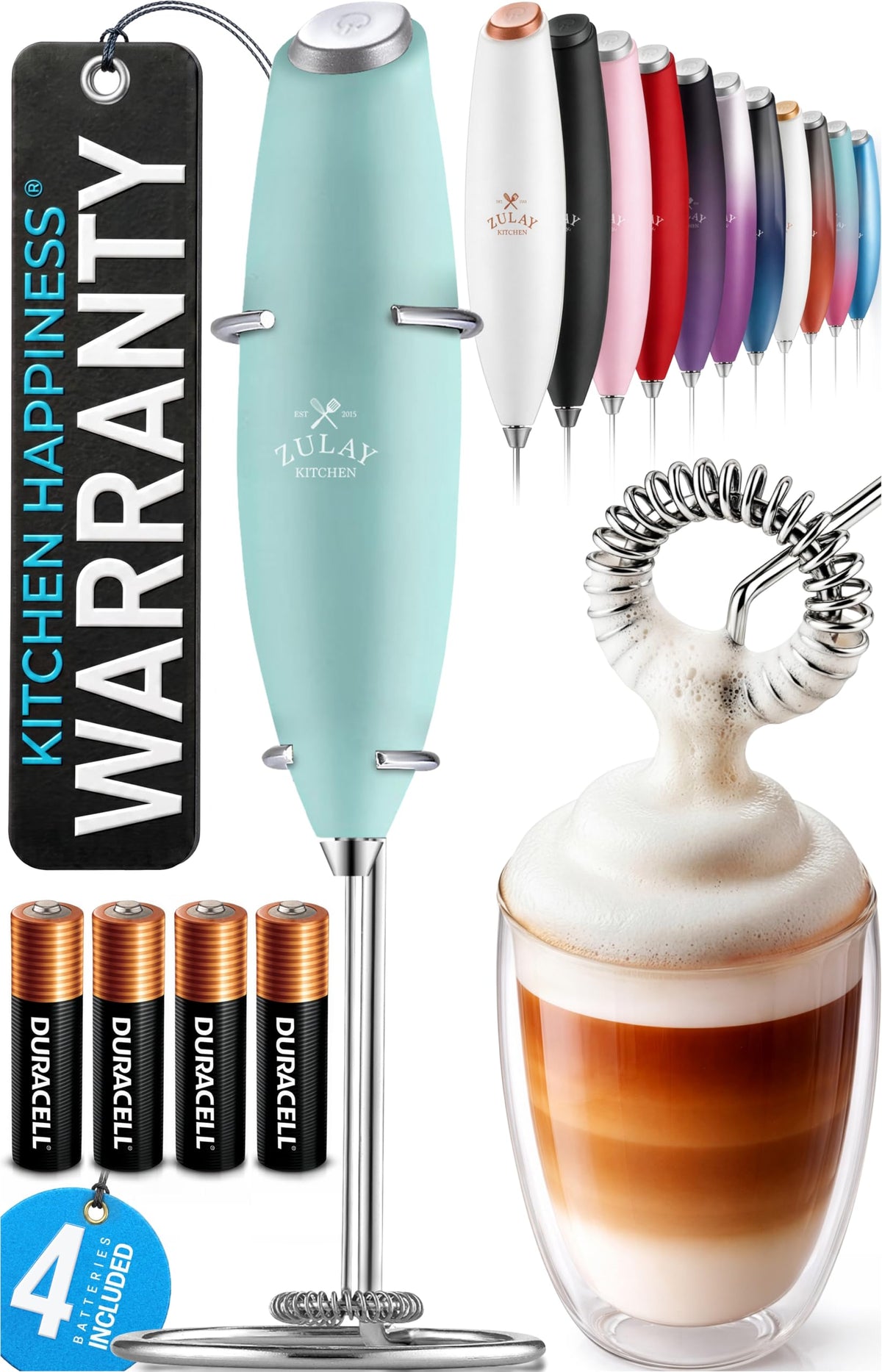 Zulay Kitchen Powerful Milk Frother Wand With Duracell Batteries - Ultra Fast Handheld Drink Mixer - Electric Whisk Foam Maker for Coffee, Lattes, Cappuccino & Matcha - Triple Whisk - Black