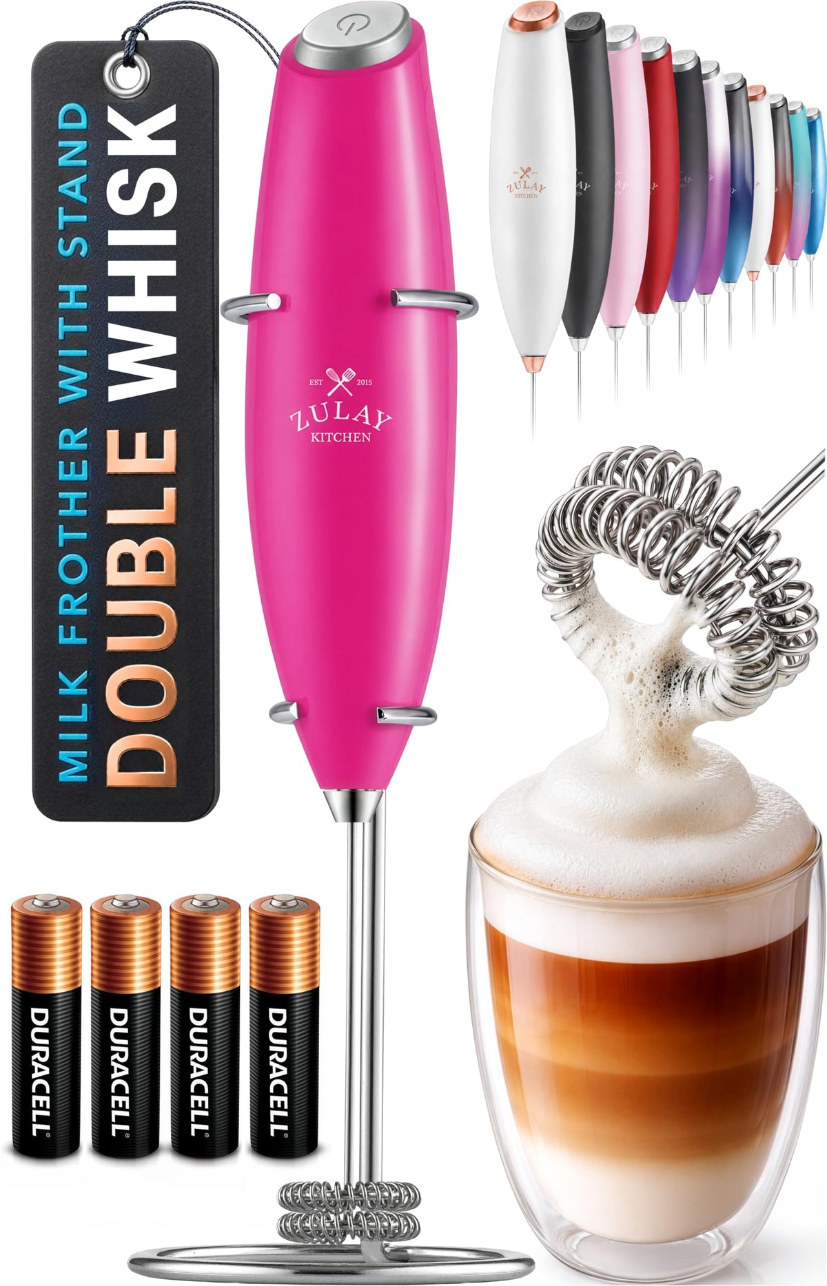 Zulay Kitchen Powerful Milk Frother Wand With Duracell Batteries - Ultra Fast Handheld Drink Mixer - Electric Whisk Foam Maker for Coffee, Lattes, Cappuccino & Matcha - Triple Whisk - Black
