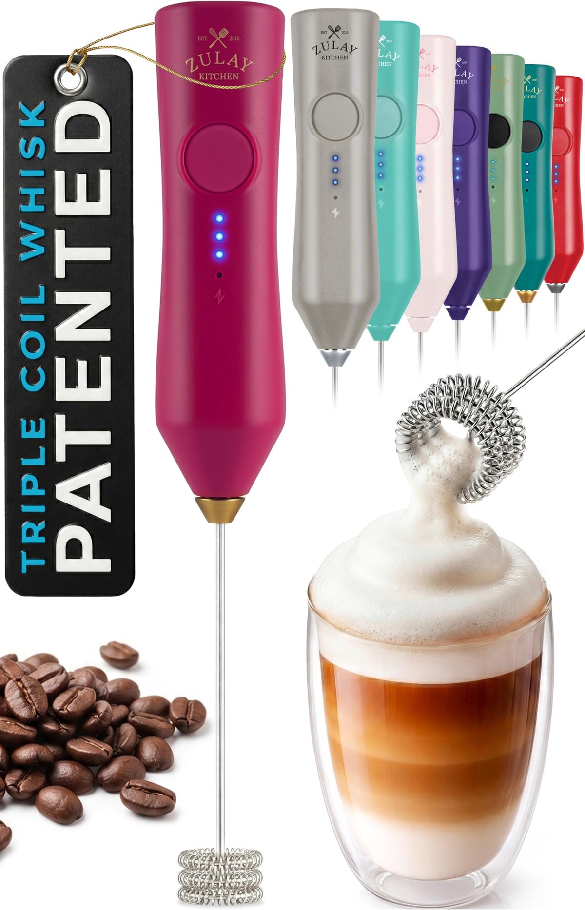 Zulay Kitchen Milk Frother Handheld - Mini Frother Wand, Milk Mixer, Drink Whisk for Coffee, Matcha Essentials & More, Stick Frother for Protein Shakes, Froster Mixer - AA Batteries Included - Black