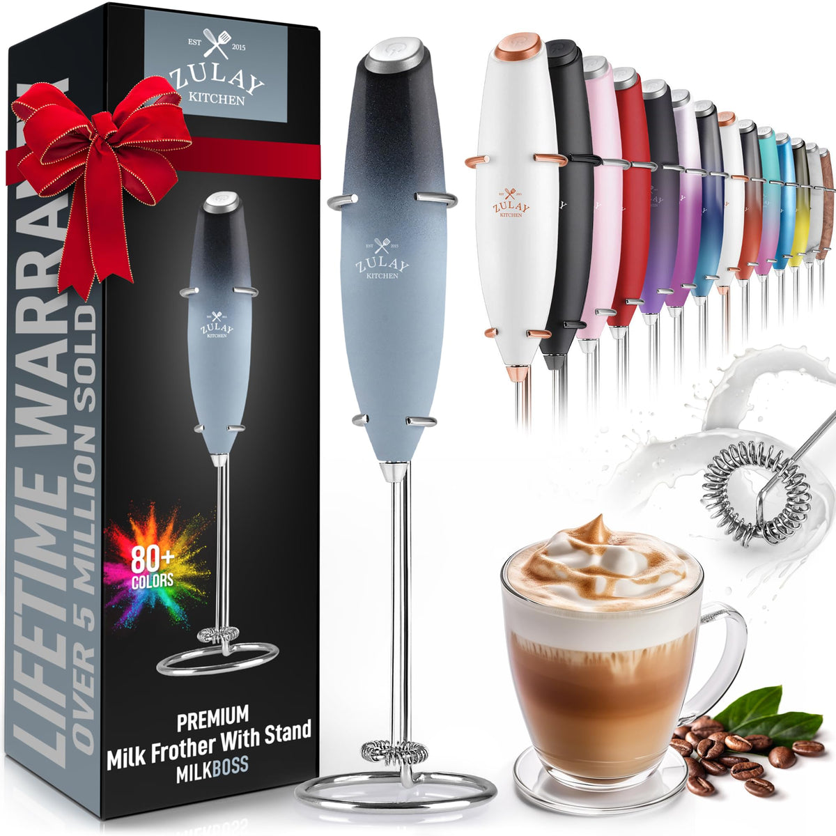 Zulay Rechargeable Milk Frother – 3-in-1 Handheld Frother Wand with Travel Case & USB-C Charger – Single, Double & Egg Whisk for Latte, Cappuccino, Matcha, Protein Shakes - Froth N Go Deep Black