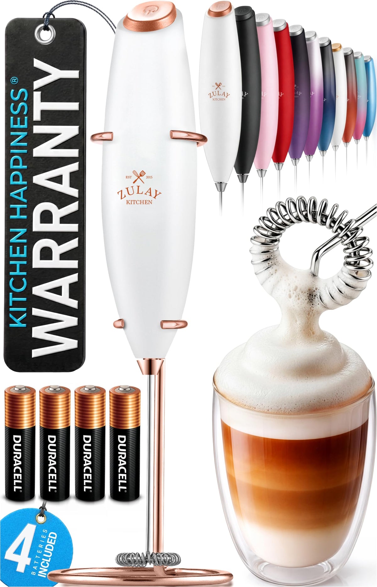 Zulay Kitchen Powerful Milk Frother Wand With Duracell Batteries - Ultra Fast Handheld Drink Mixer - Electric Whisk Foam Maker for Coffee, Lattes, Cappuccino & Matcha - Z1 Motor - Black