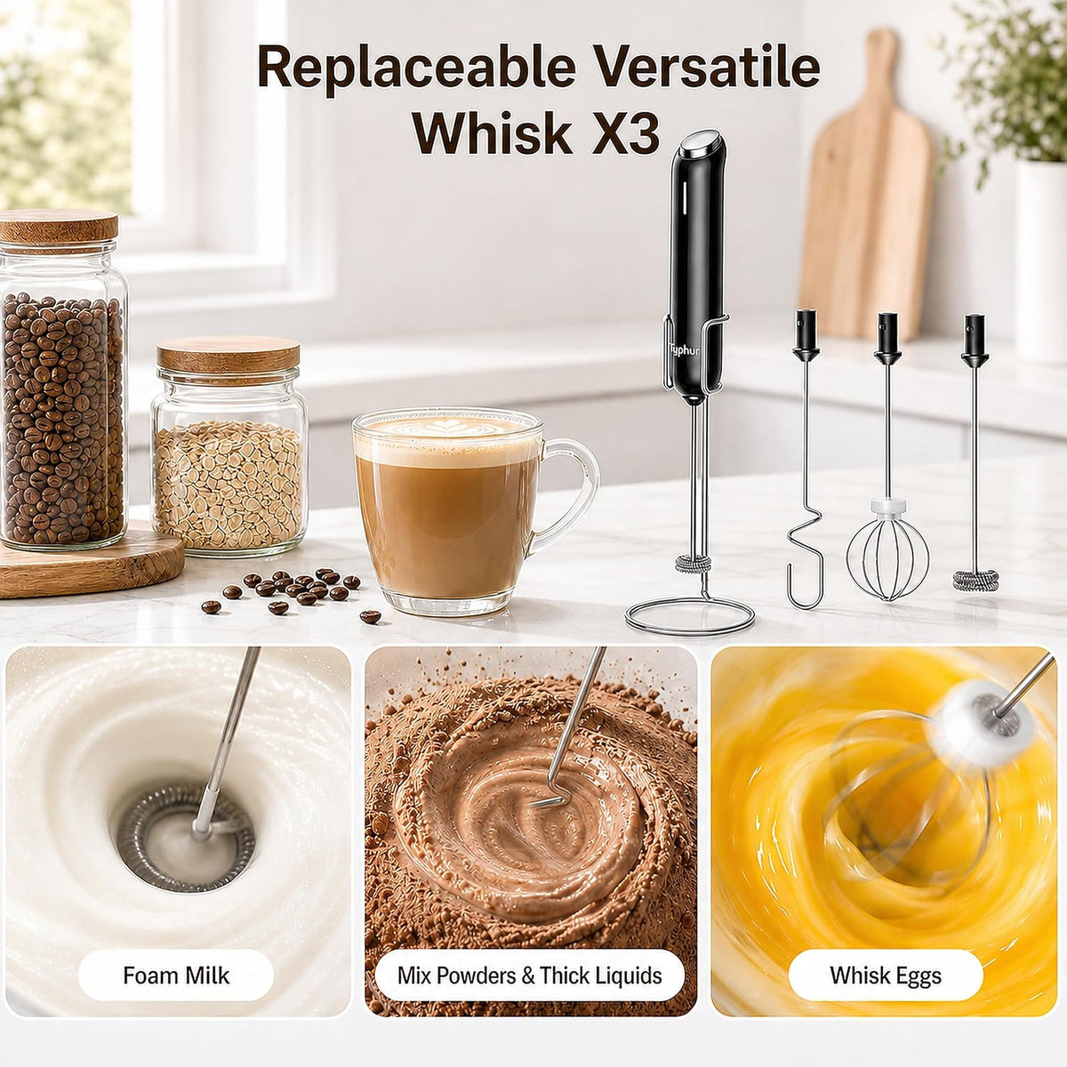 InstaWhisk Upgraded Milk Frother with Variable Speed - Rechargeable Handheld Coffee Frother Wand with Detachable Whisks, Electric Drink Mixer for Latte, Cappuccino, Matcha, Almond Milk, Protein, Black