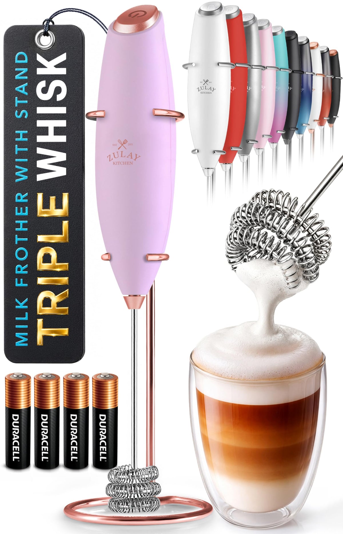 Zulay Kitchen Rechargeable Milk Frother Handheld - Frother Wand, Drink Mixer, Electric Whisk Frother, for Cappuccinos, Matcha & Protein Powder - Dynamic 3 Whisk, 3 Speed 500mAh Black