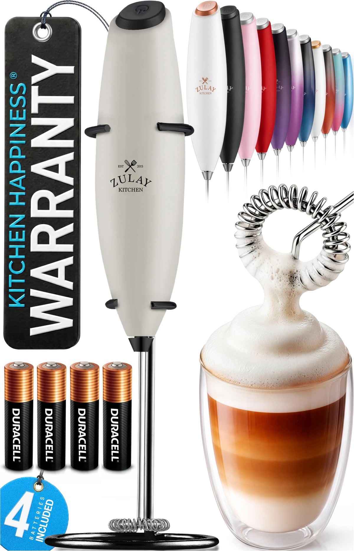 Zulay Kitchen Powerful Milk Frother Wand With Duracell Batteries - Ultra Fast Handheld Drink Mixer - Electric Whisk Foam Maker for Coffee, Lattes, Cappuccino & Matcha - Z1 Motor - Black