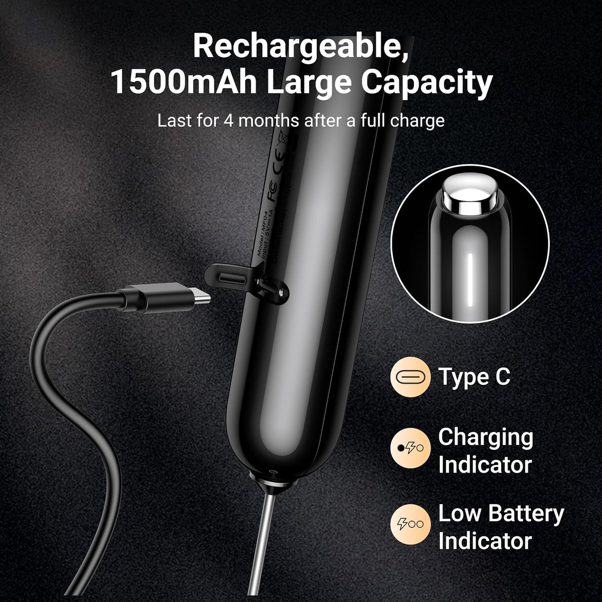 Typhur InstaWhisk Electric Milk Frother with Storage Case & Stand - 1500mAh Type-C Rechargeable Handheld Coffee Foamer Wand, Stepless Speed, Dual Whisks for Cold Foam, Latte, Matcha, Protein, Black