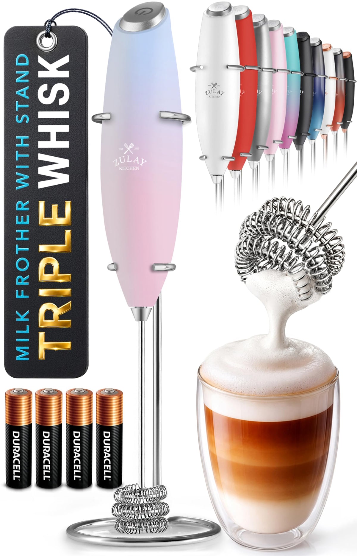 Zulay Kitchen Powerful Milk Frother Wand With Duracell Batteries - Ultra Fast Handheld Drink Mixer - Electric Whisk Foam Maker for Coffee, Lattes, Cappuccino & Matcha - Triple Whisk - Black
