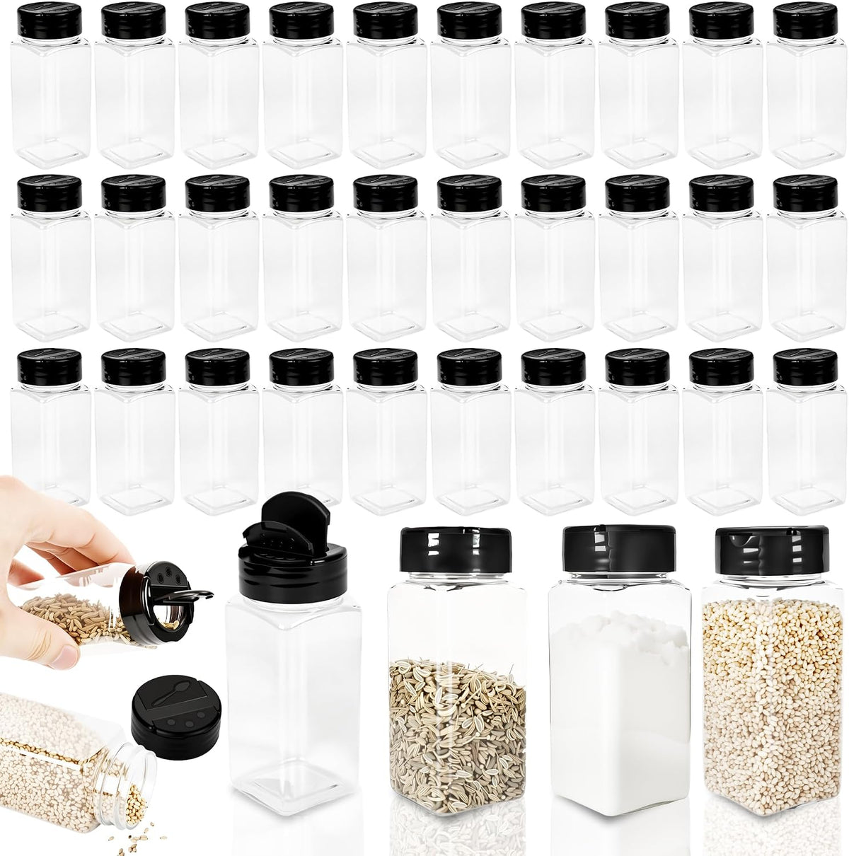 36 Pack 3.5 oz Plastic Spice Jars with Shaker Lids Square Seasoning Containers Clear Empty Storage Spice Bottles for Spice Peppers